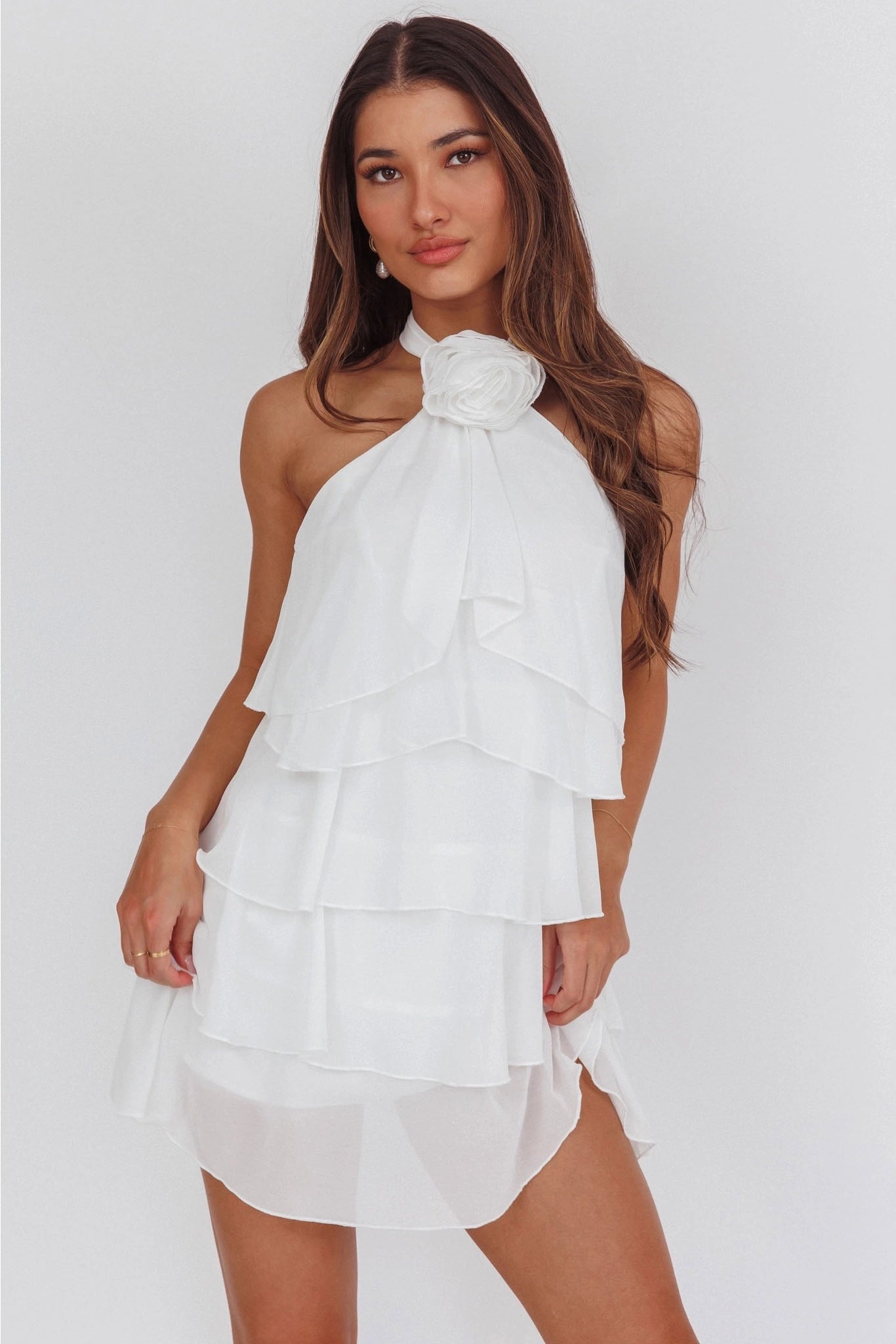 White Rosette Ruffle Mini Dress