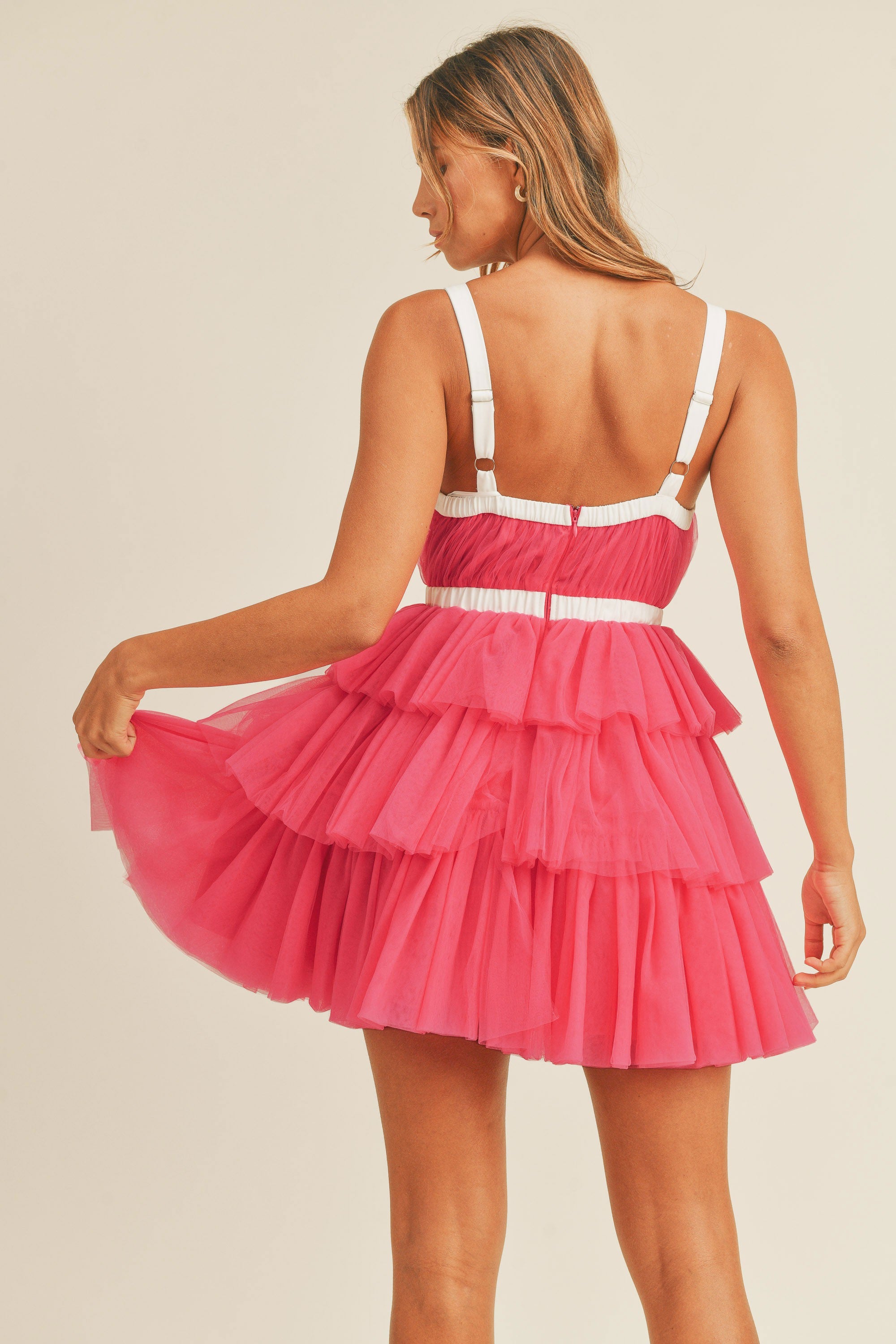 Hot Pink Tuelle Ruffle Tiered Mini Dress