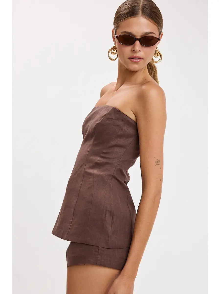 Brown Linen Deep Color Tube Top & Shorts