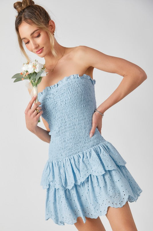 smocked ruffle mini dress Smocked Ruffle Mini Dress Baby Blue