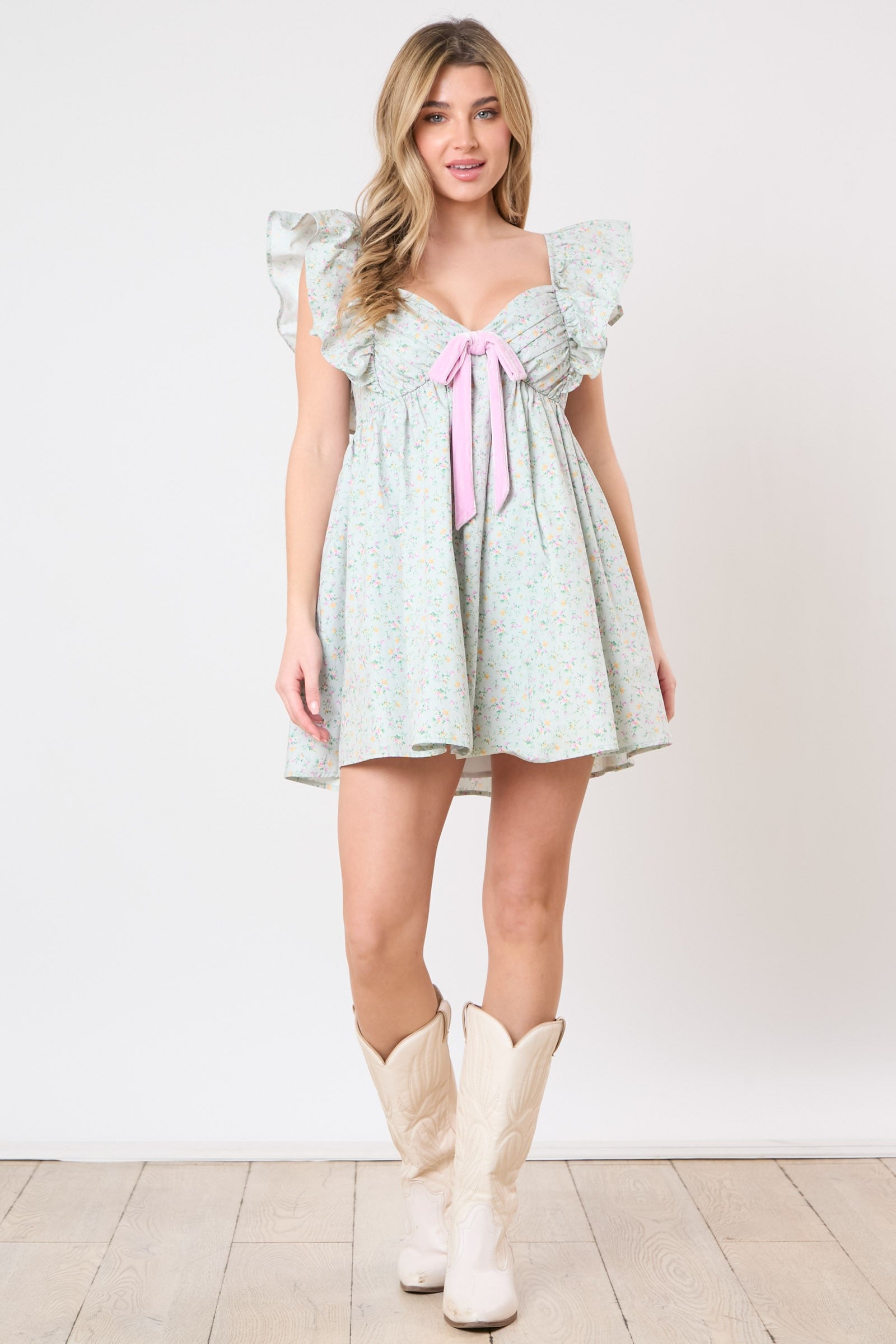 Floral Dress w/Velvet Ribbon