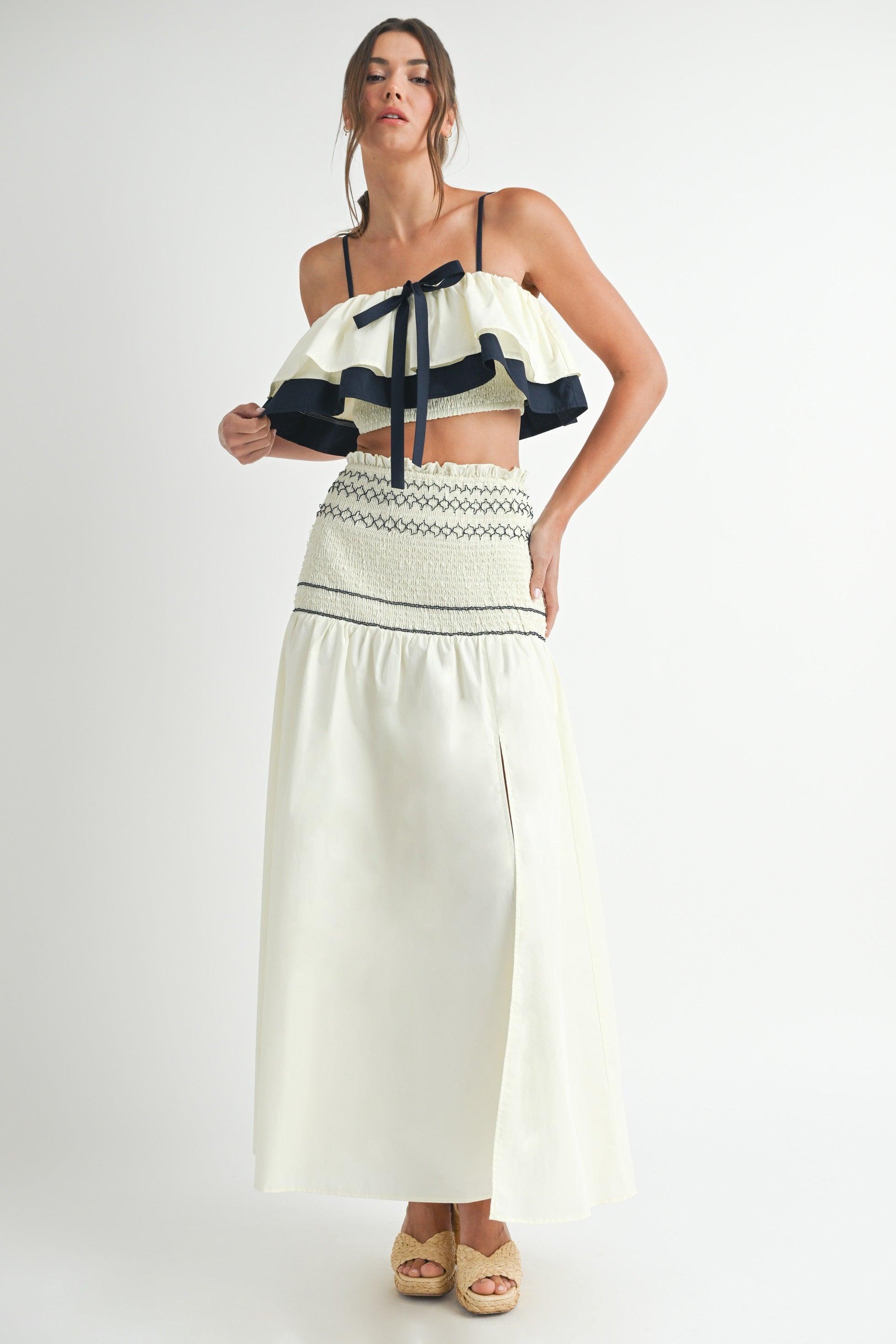 Navy Set - Ruffle Top w/ Pleated Maxi Skirt