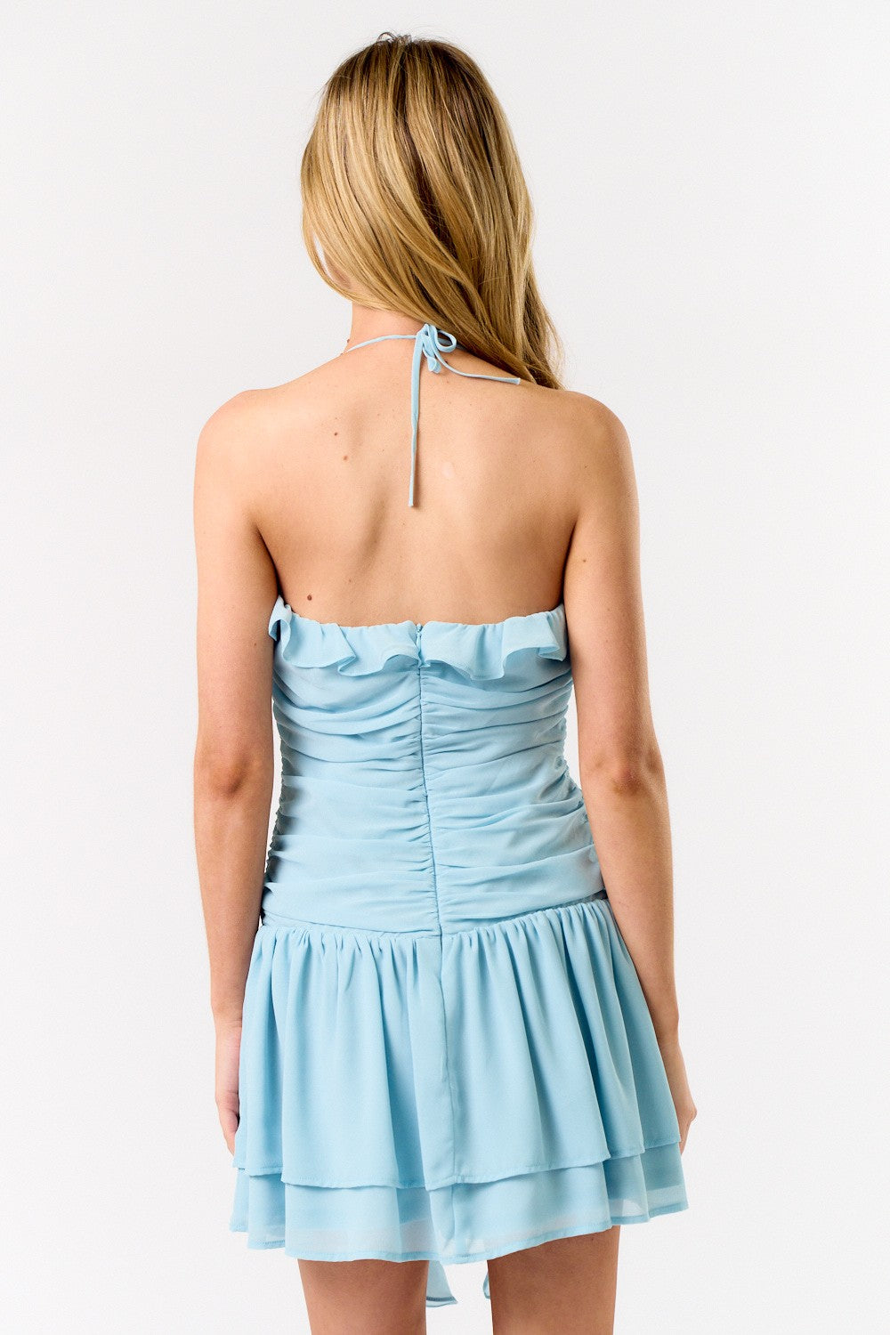 Blue Ruffled Rosette Mini Dress