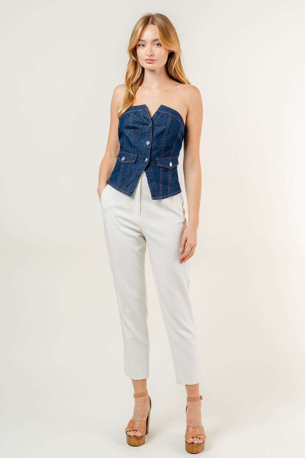 Strapless Button Denim Jean Corset Crop Top