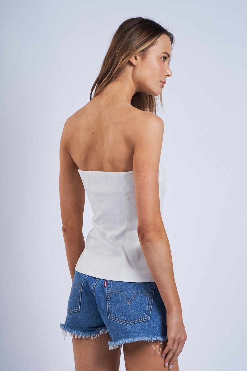 White Front Button Linen Tube Top