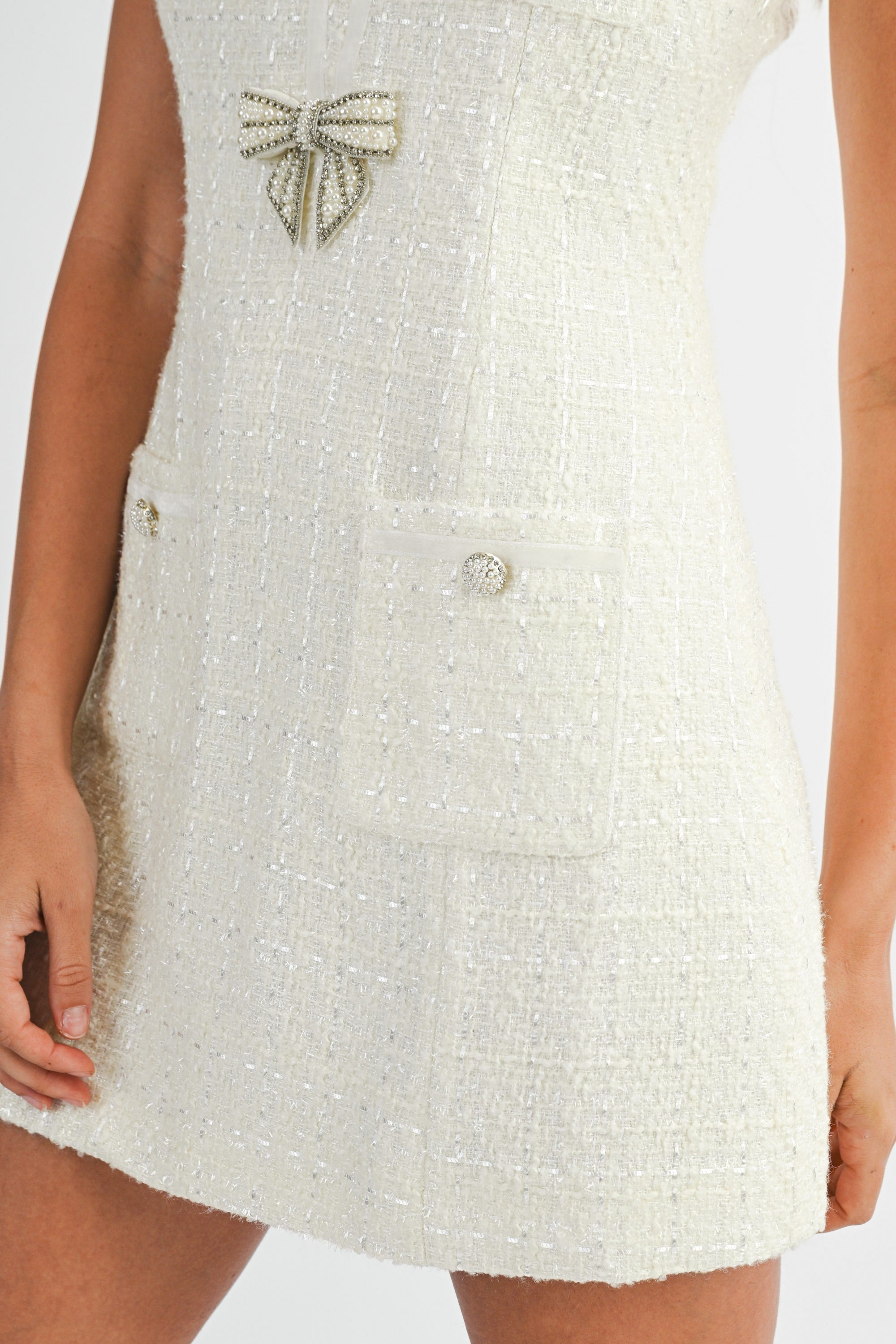 Cream Tweed Sleeveless Bow Dress