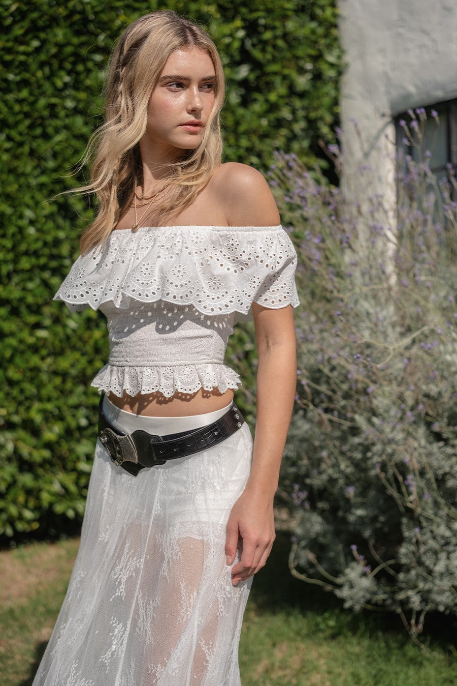 Off-white Eyelet Lace Off-shoulder Crop Top