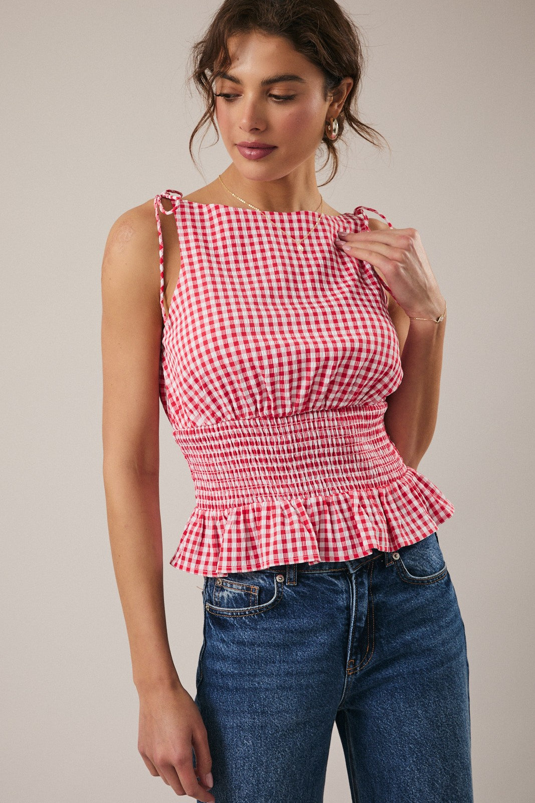 Red Smocked Gingham Top