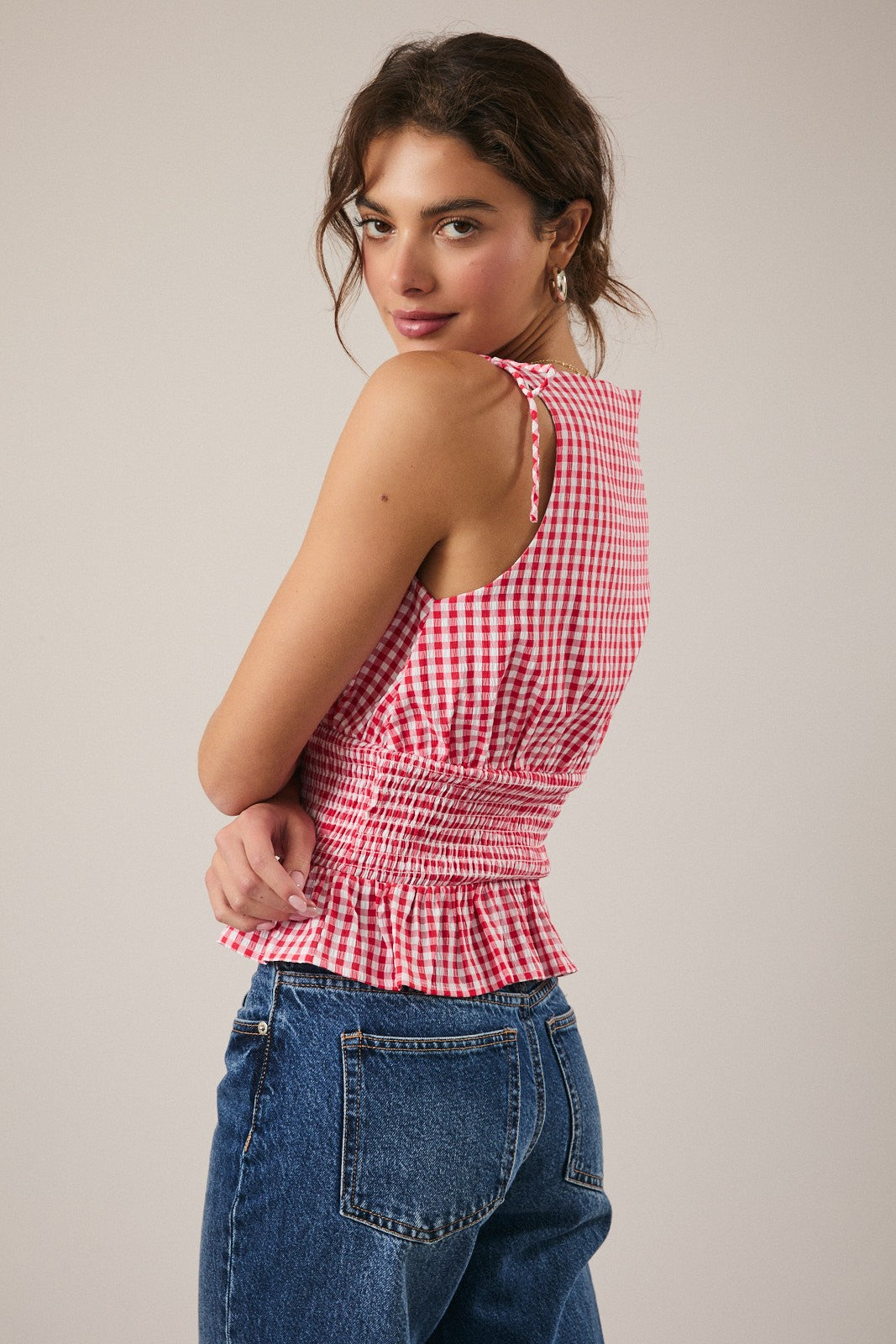 Red Smocked Gingham Top