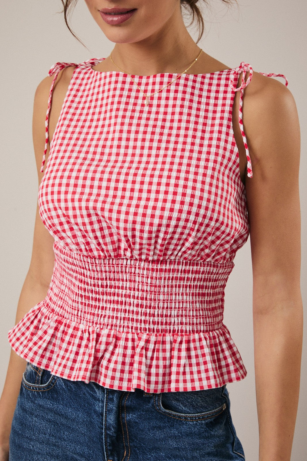 Red Smocked Gingham Top
