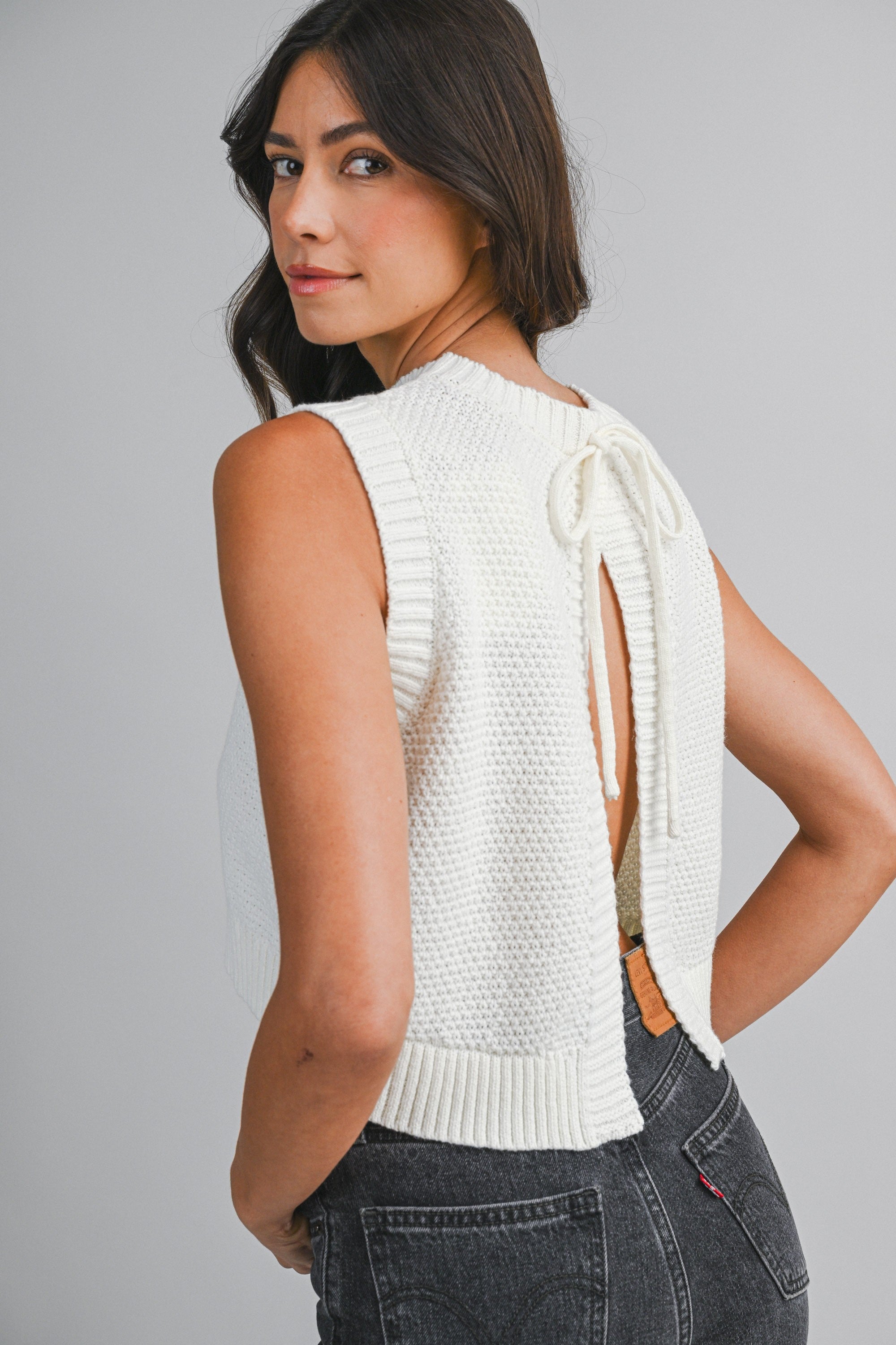White Knit Open Back Top