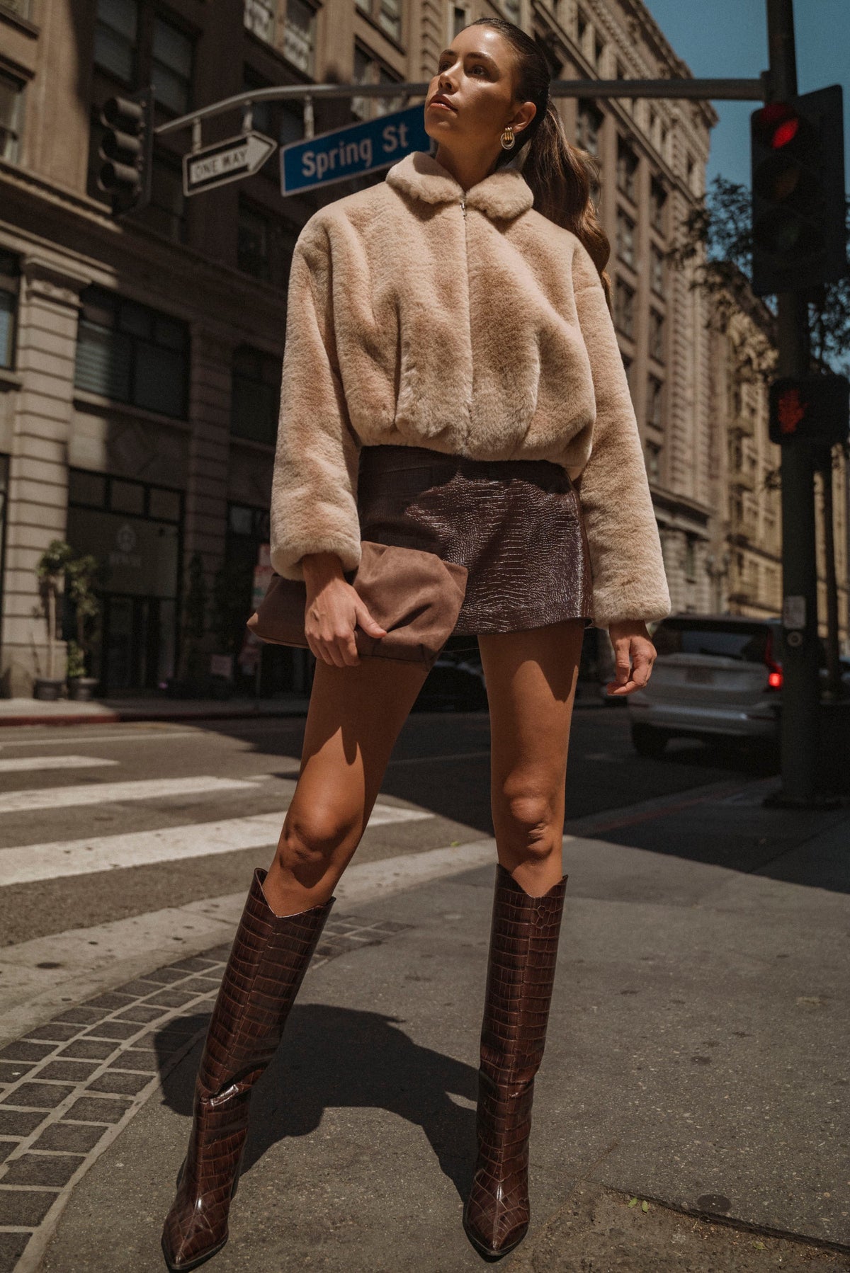 Brown Crocodile-Embossed Faux Leather Mini Skort