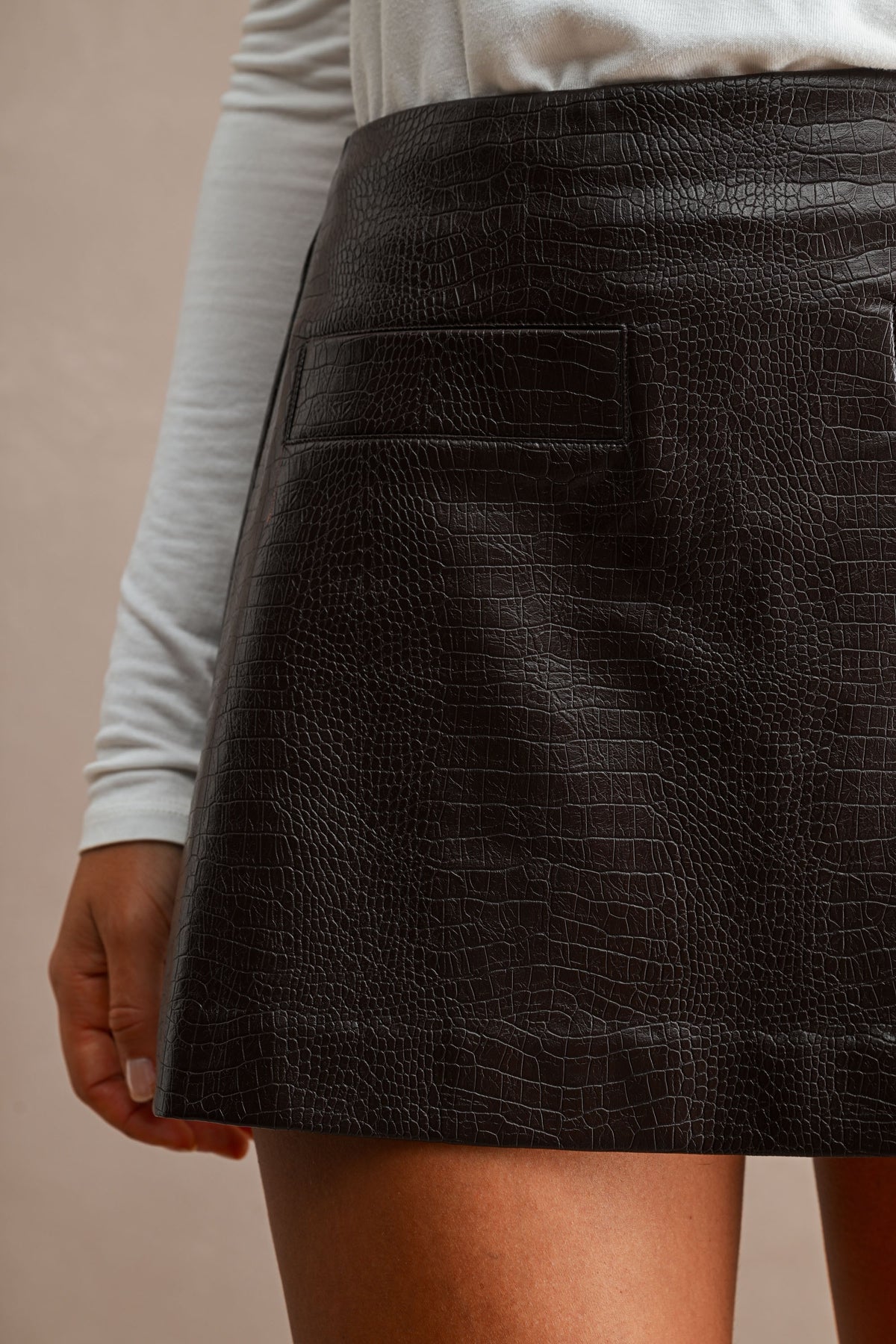 Brown Crocodile-Embossed Faux Leather Mini Skort