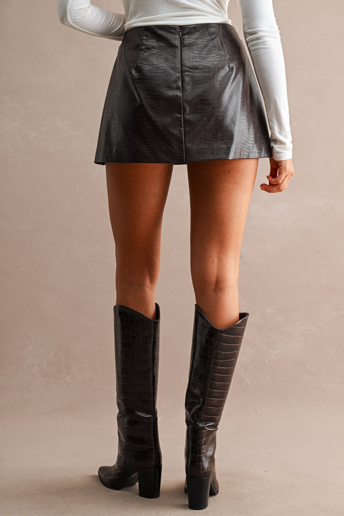 Brown Crocodile-Embossed Faux Leather Mini Skort