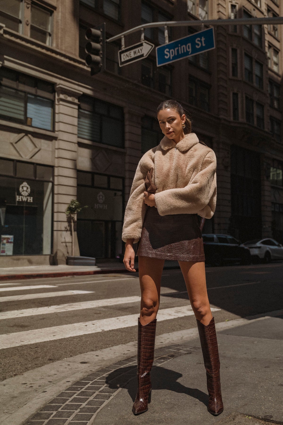 Brown Crocodile-Embossed Faux Leather Mini Skort