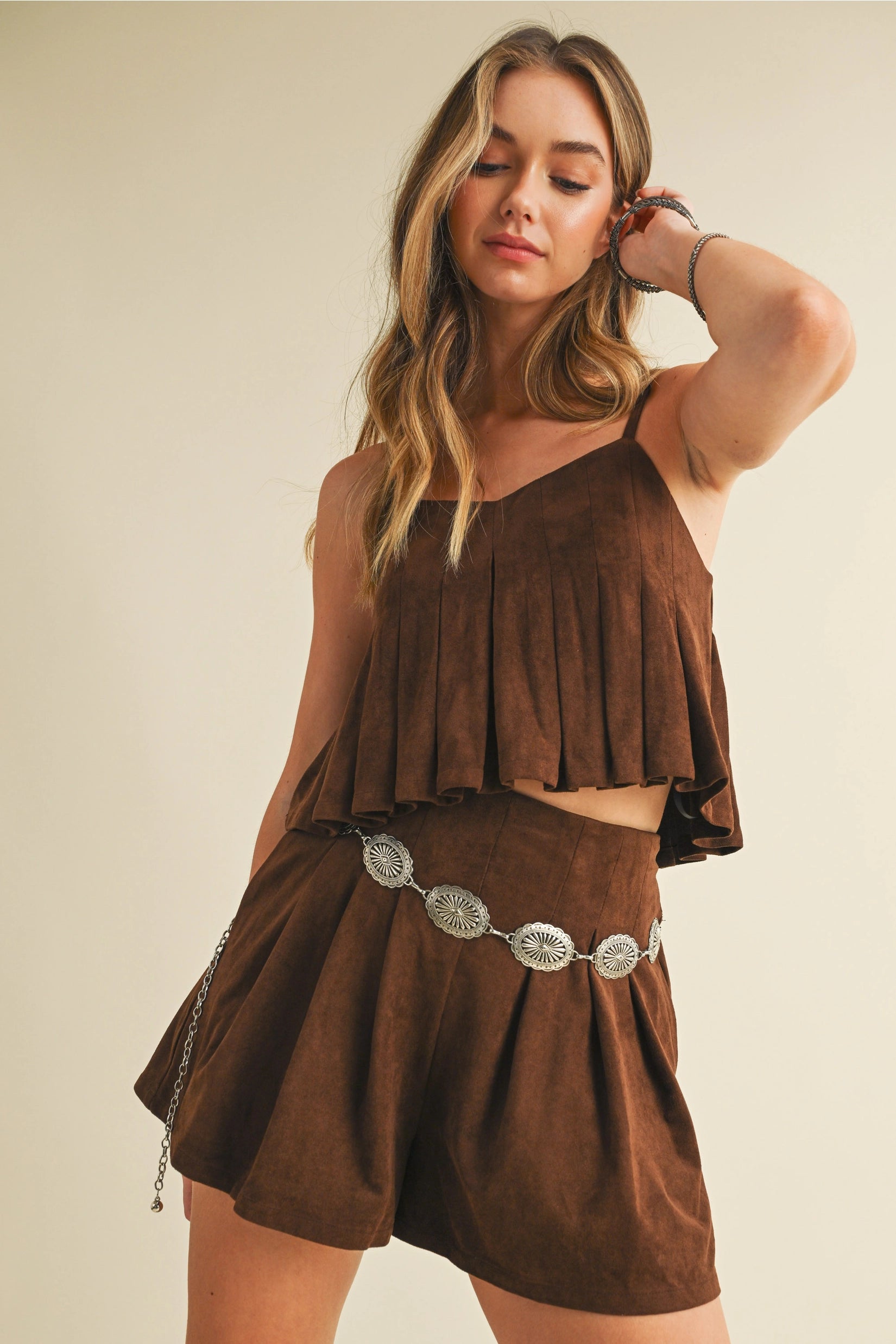 Brown Suede Pleated Sleeveless Top and Shorts Set