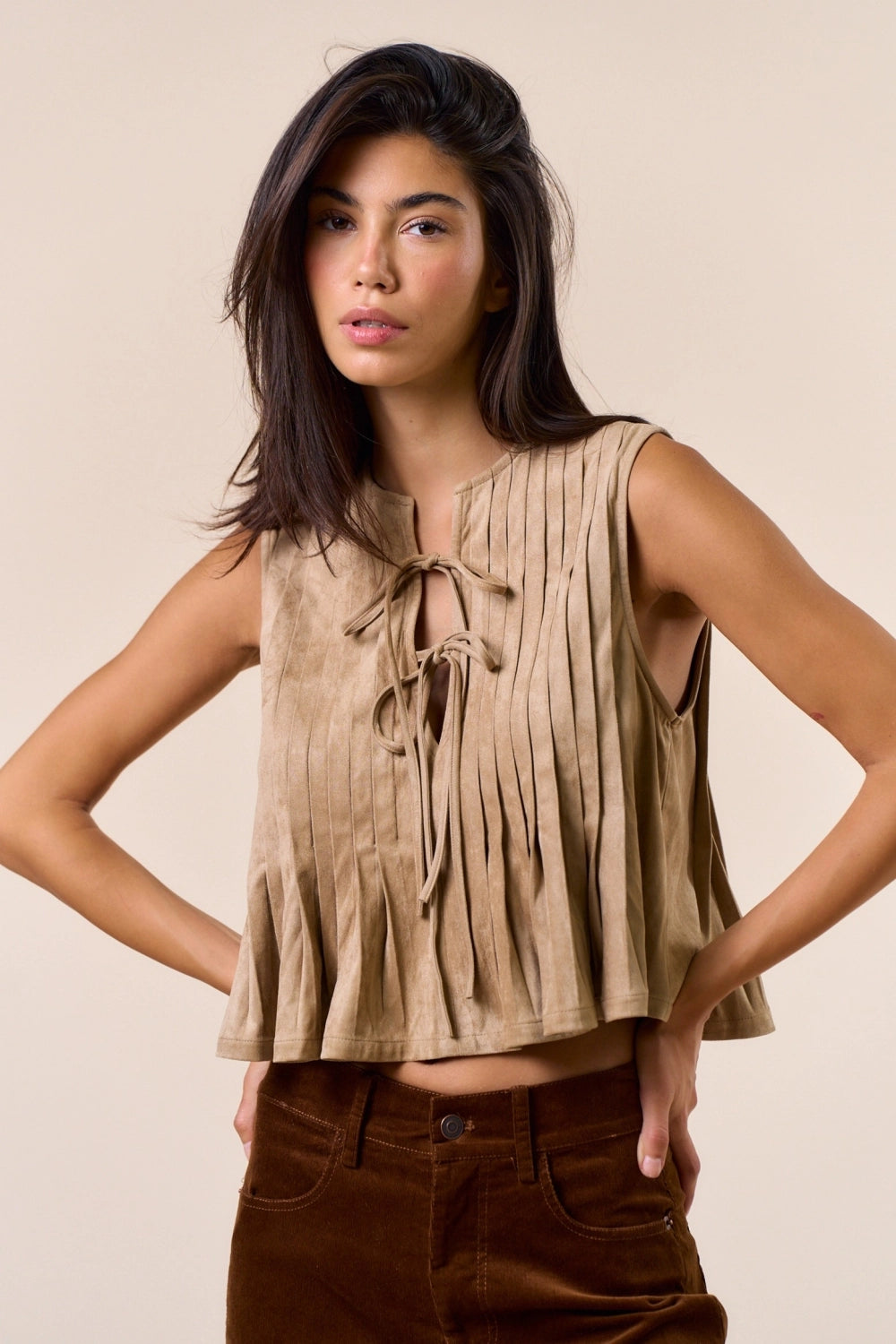 Sleeveless Suede Tie-Front Top