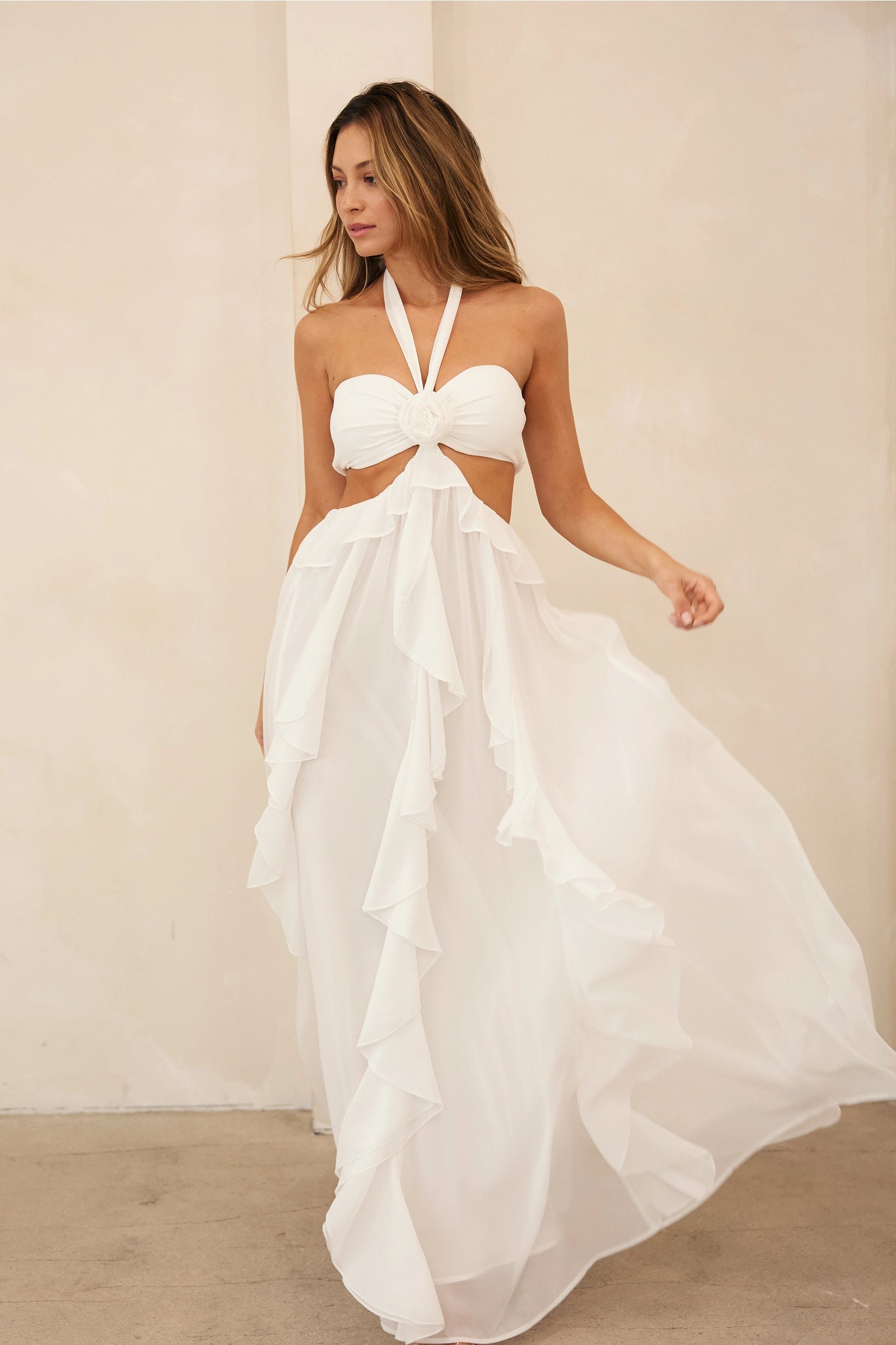 White Rosette Detail Cut-Out Ruffled Maxi Dress