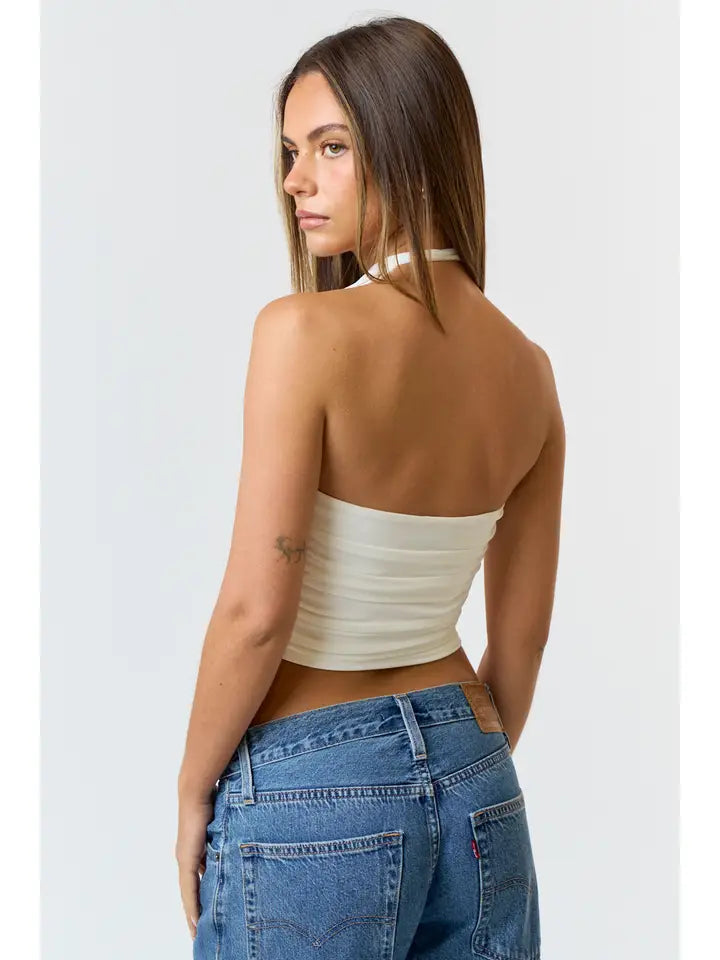 White Strappy Ruching Top with Flower Trim