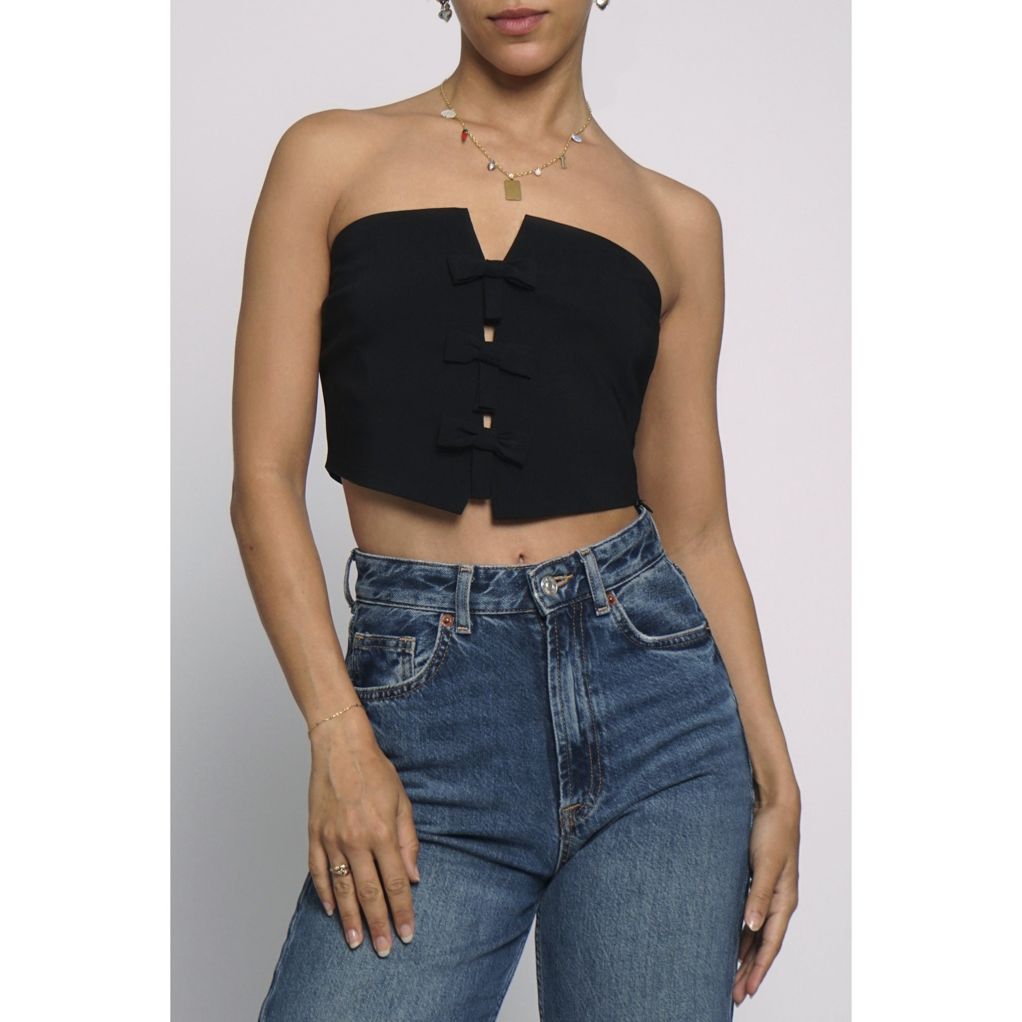 Black Bow Detail Strapless Top