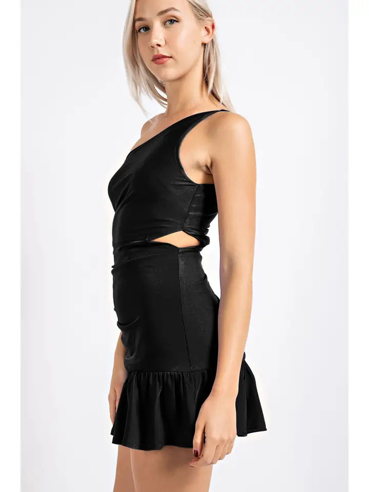 Black Satin Mini Dress Ruched One Shoulder