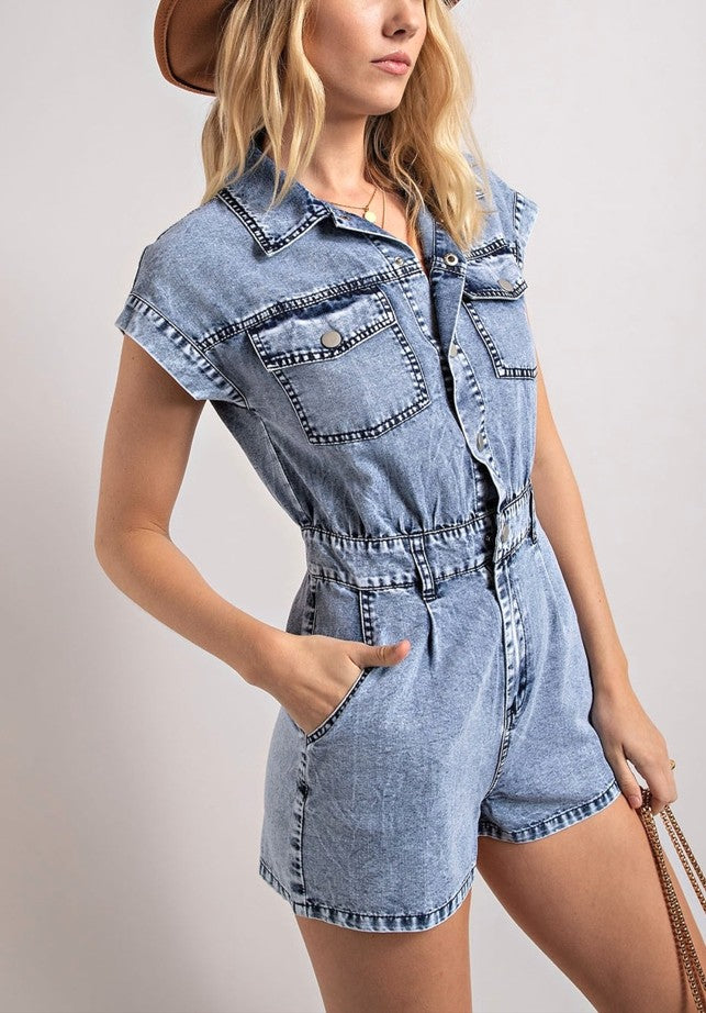 Denim Collared Button Down Romper