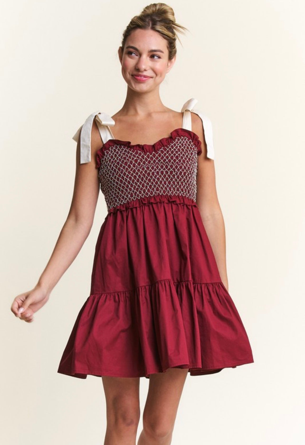 Maroon Smocked Mini Dress