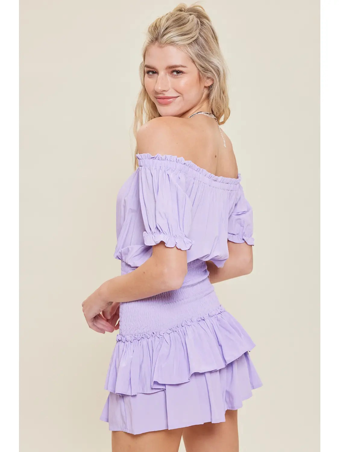 Lavender Off Shoulder Ruffled Romper