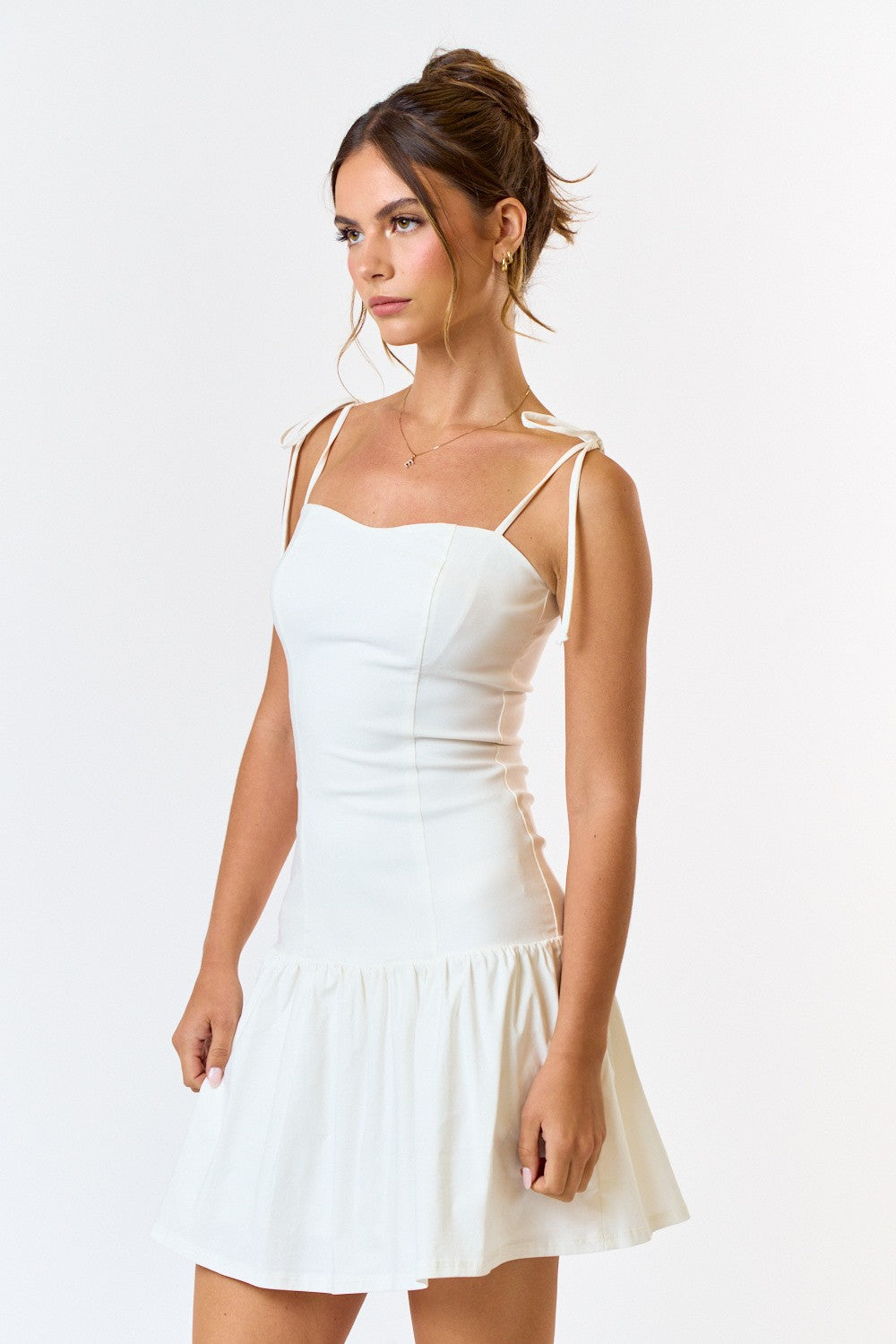 White Shoulder Tie Ruffled Mini Dress