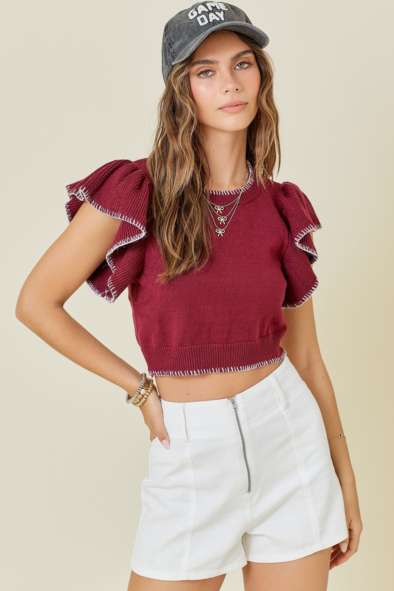 Burgandy Ruffle Cropped Sweater