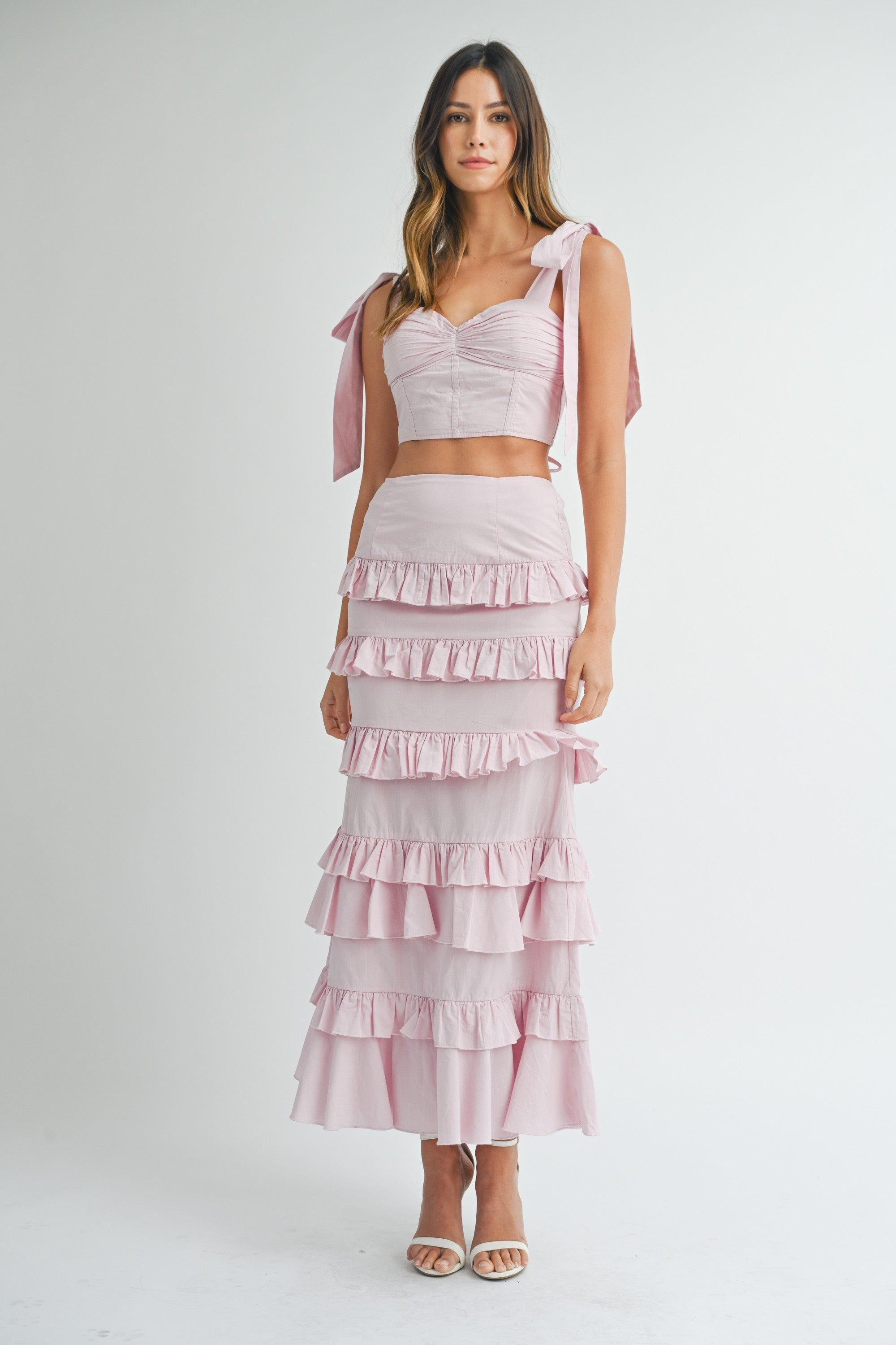 Blush Lace Up Back & Ruffle Skirt Set