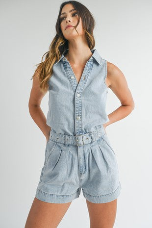 Sleveless Denim Romper With Belt