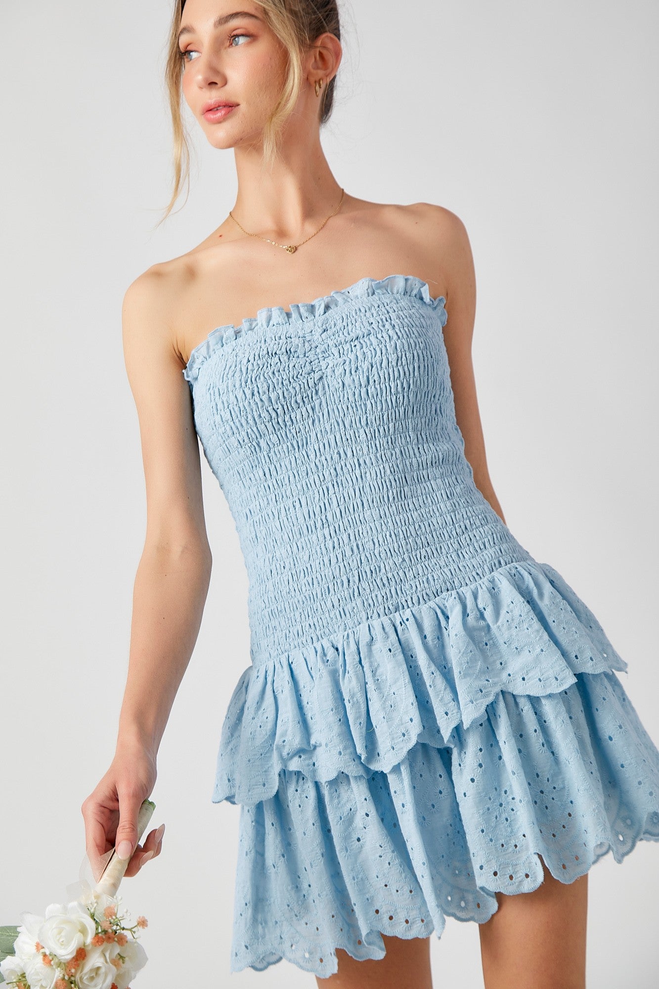 Smocked Ruffle Mini Dress Baby Blue