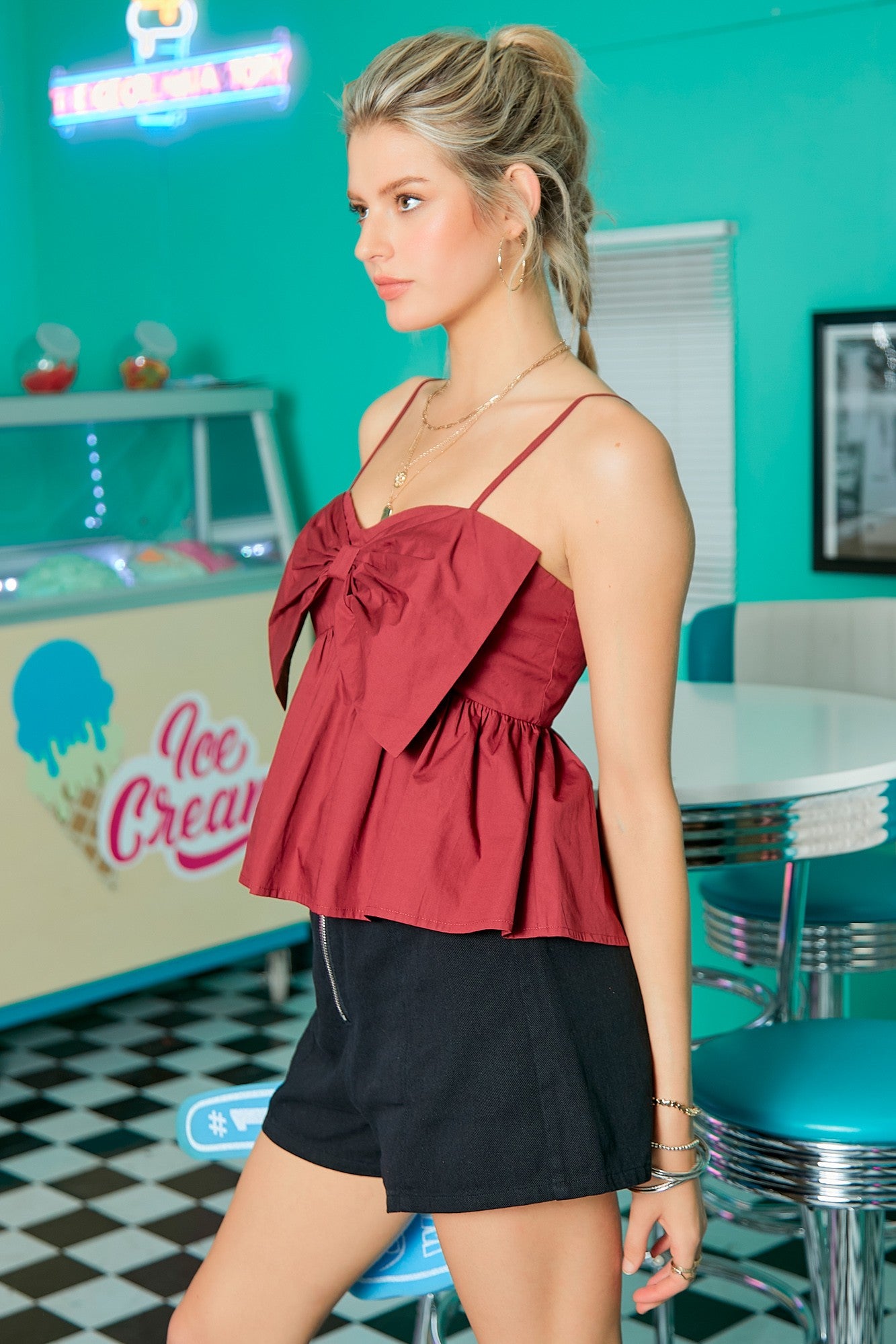 Maroon Babydoll Top w/ Bow