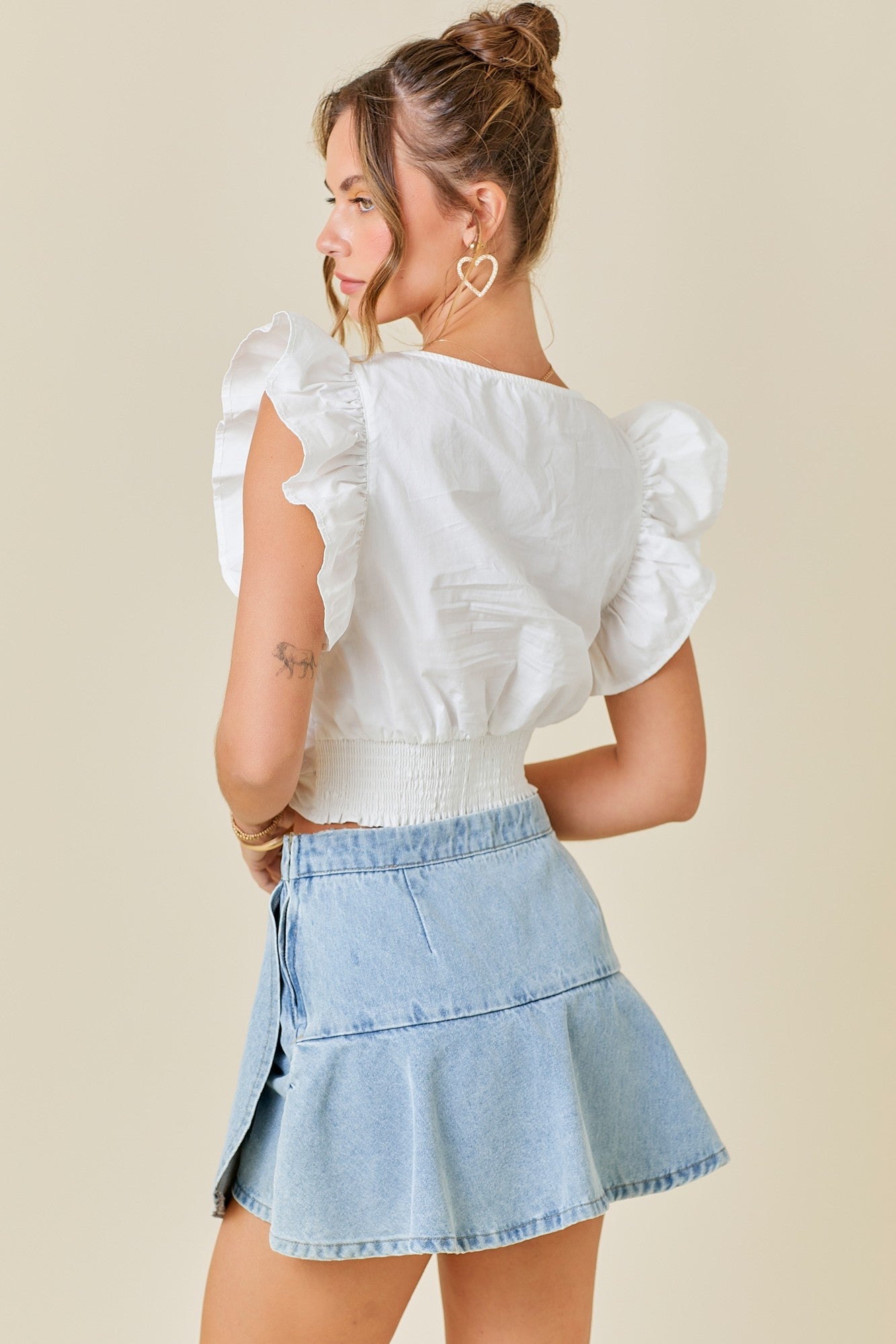 White Ruched Crop Top W/ Ruffles