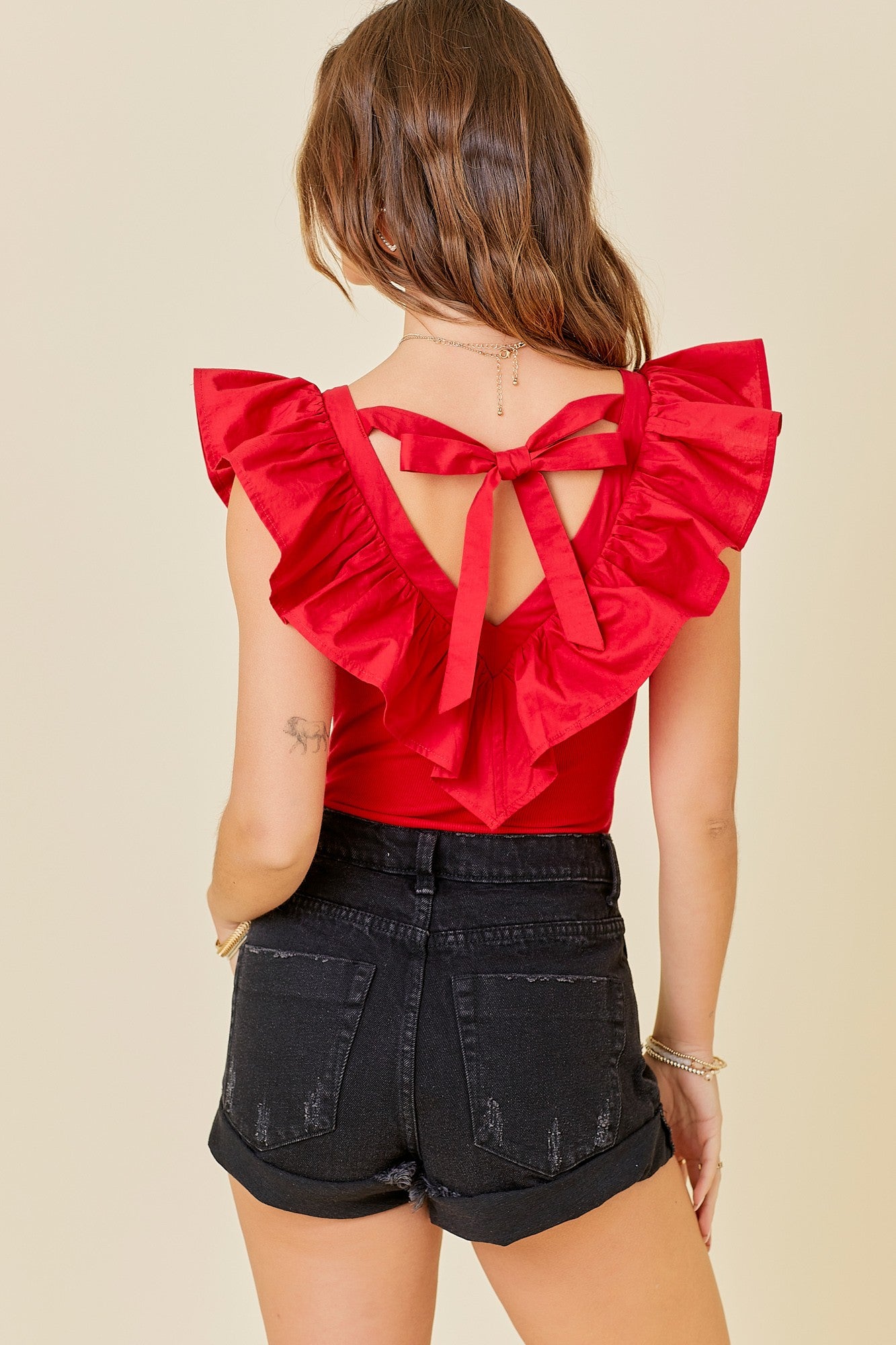 Red V NECK Ruffle Bodysuit