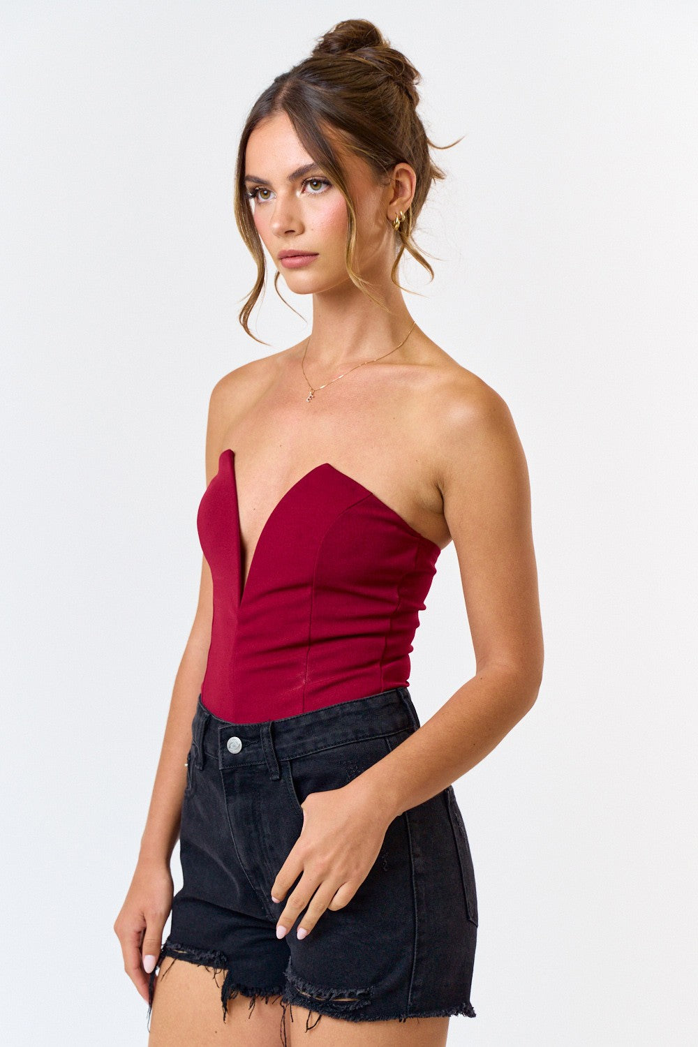 Maroon V-Neck Strapless Bodysuit