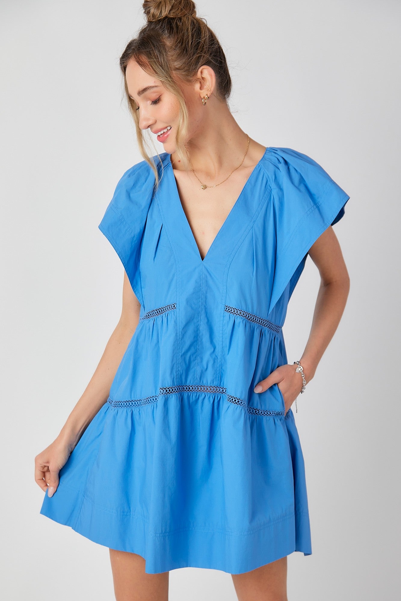 Blue Tiered Flutter Sleeve Poplin Mini Dress