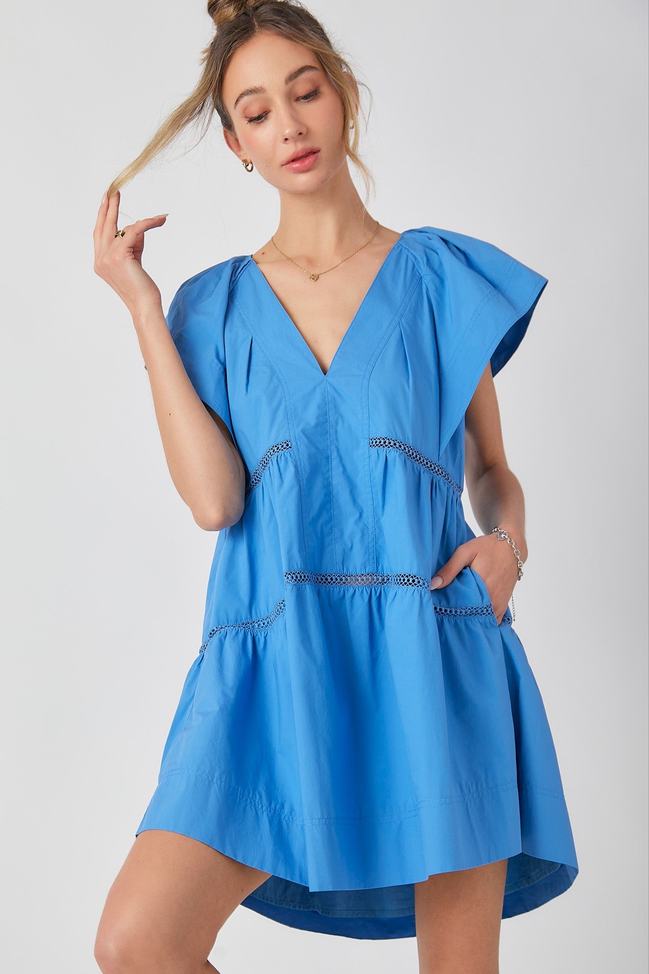 Blue Tiered Flutter Sleeve Poplin Mini Dress