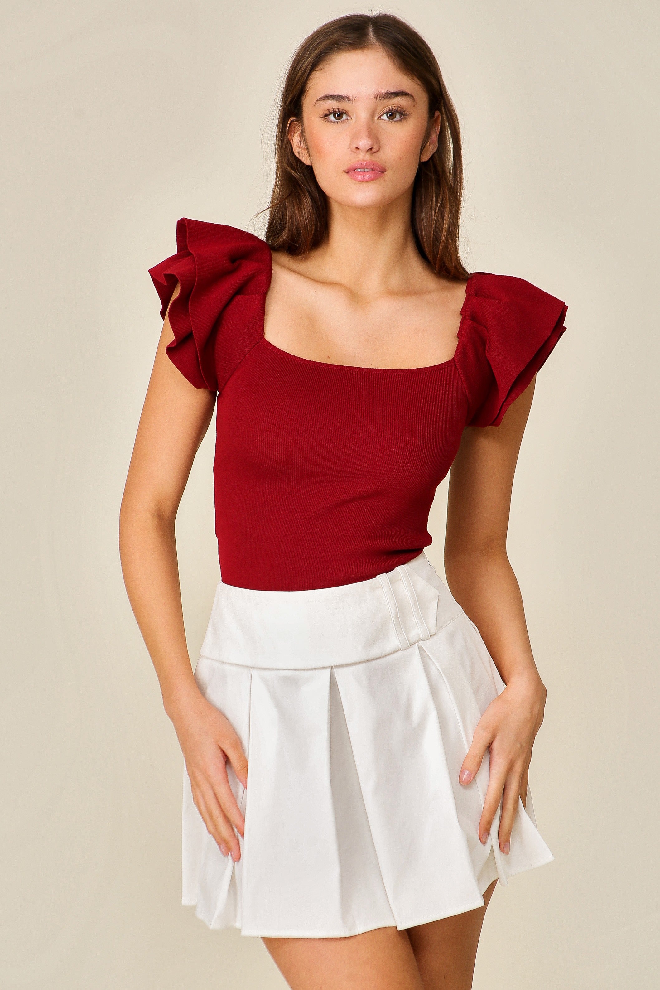 Burgandy Ruffled ribbed knit top