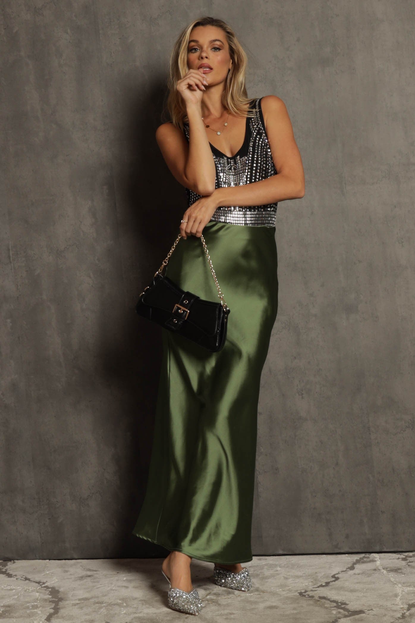 Olive Satin Skirt