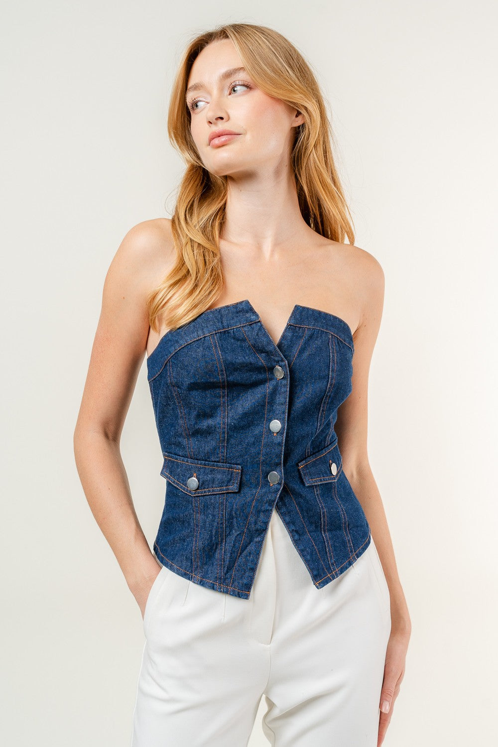 Strapless Button Denim Jean Corset Crop Top