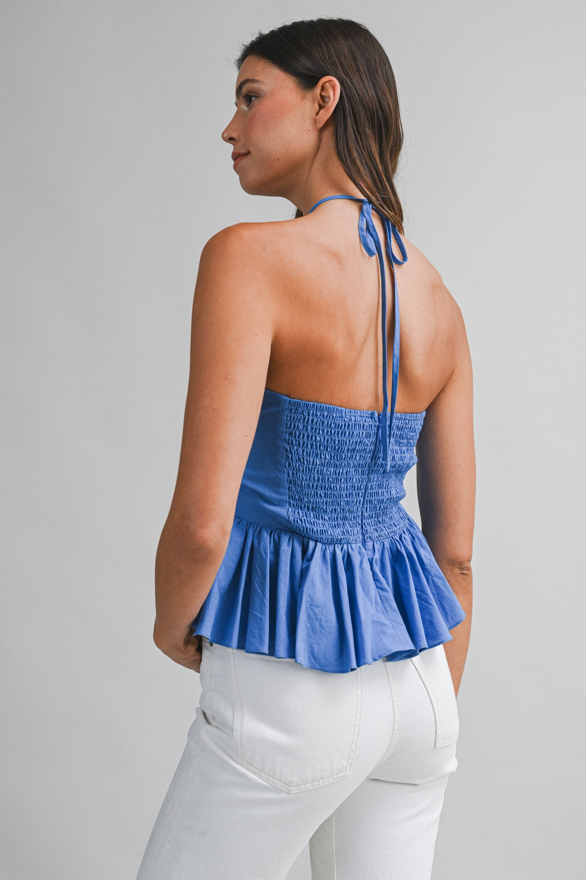 Blue Halter Poplin Top