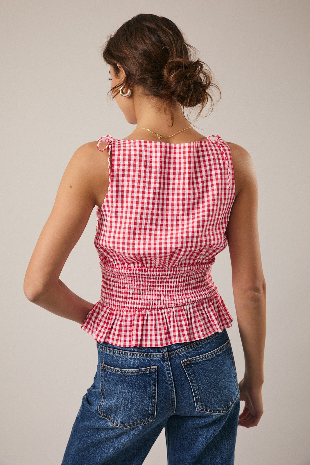 Red Smocked Gingham Top