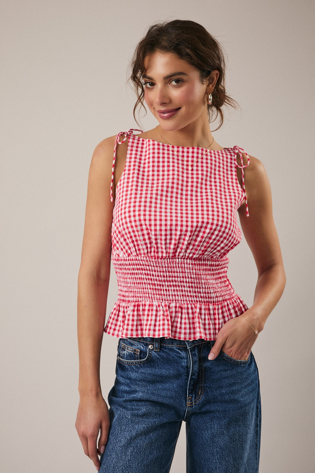 Red Smocked Gingham Top