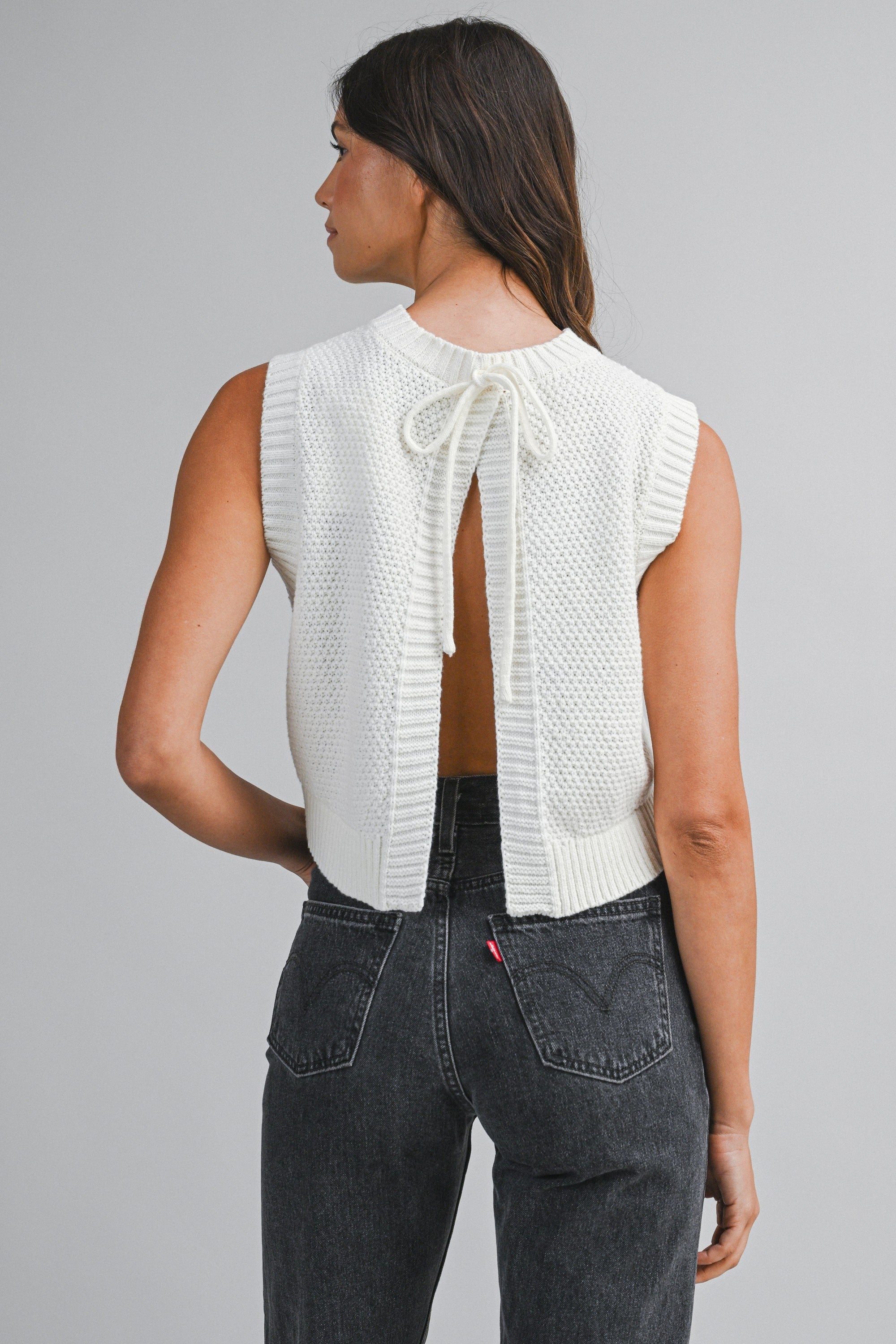 White Knit Open Back Top