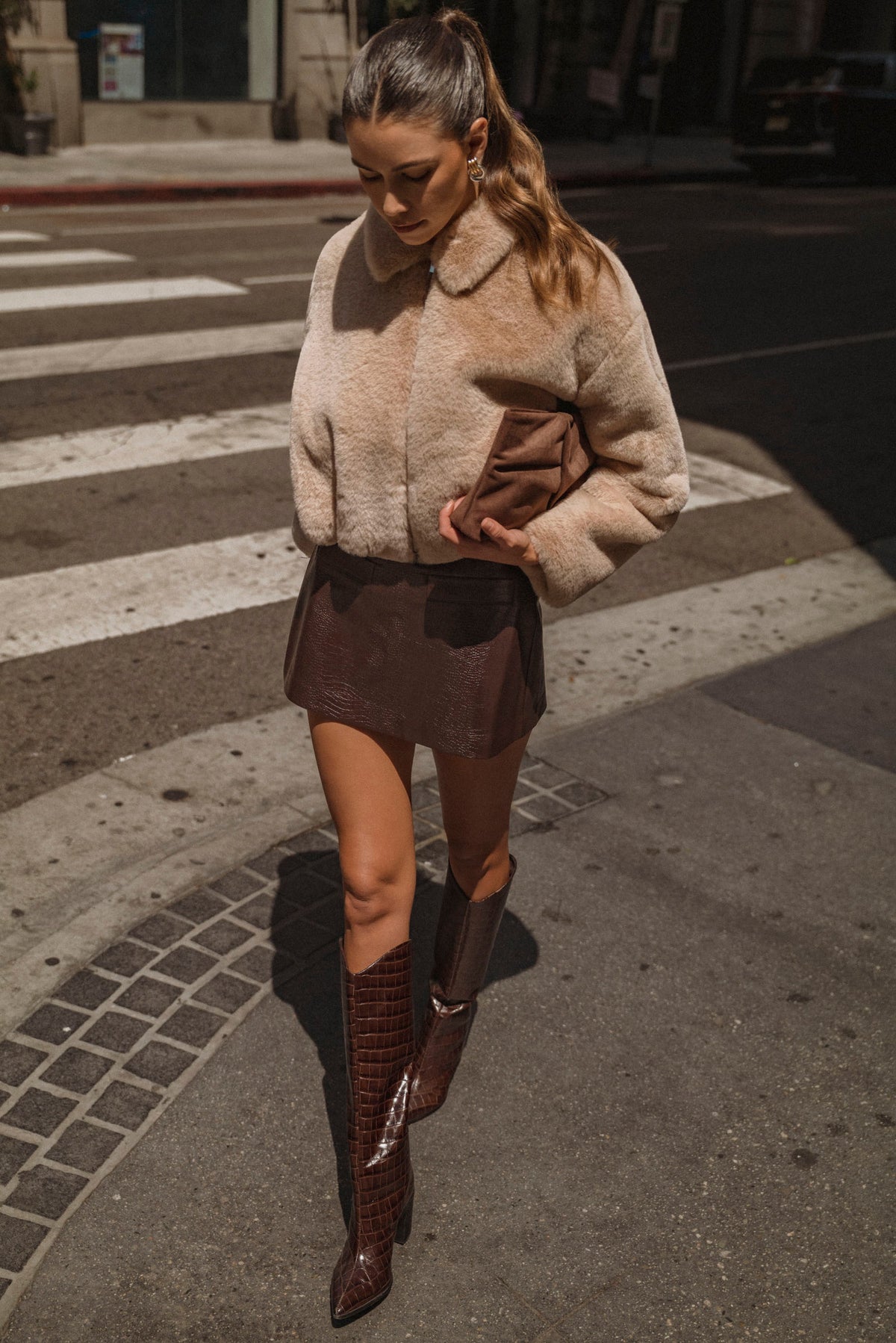 Brown Crocodile-Embossed Faux Leather Mini Skort