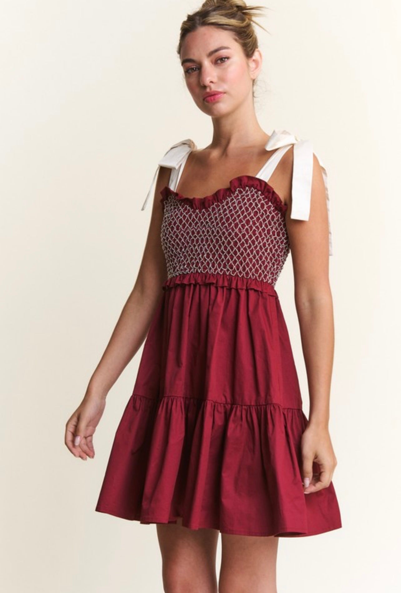 Maroon Smocked Mini Dress