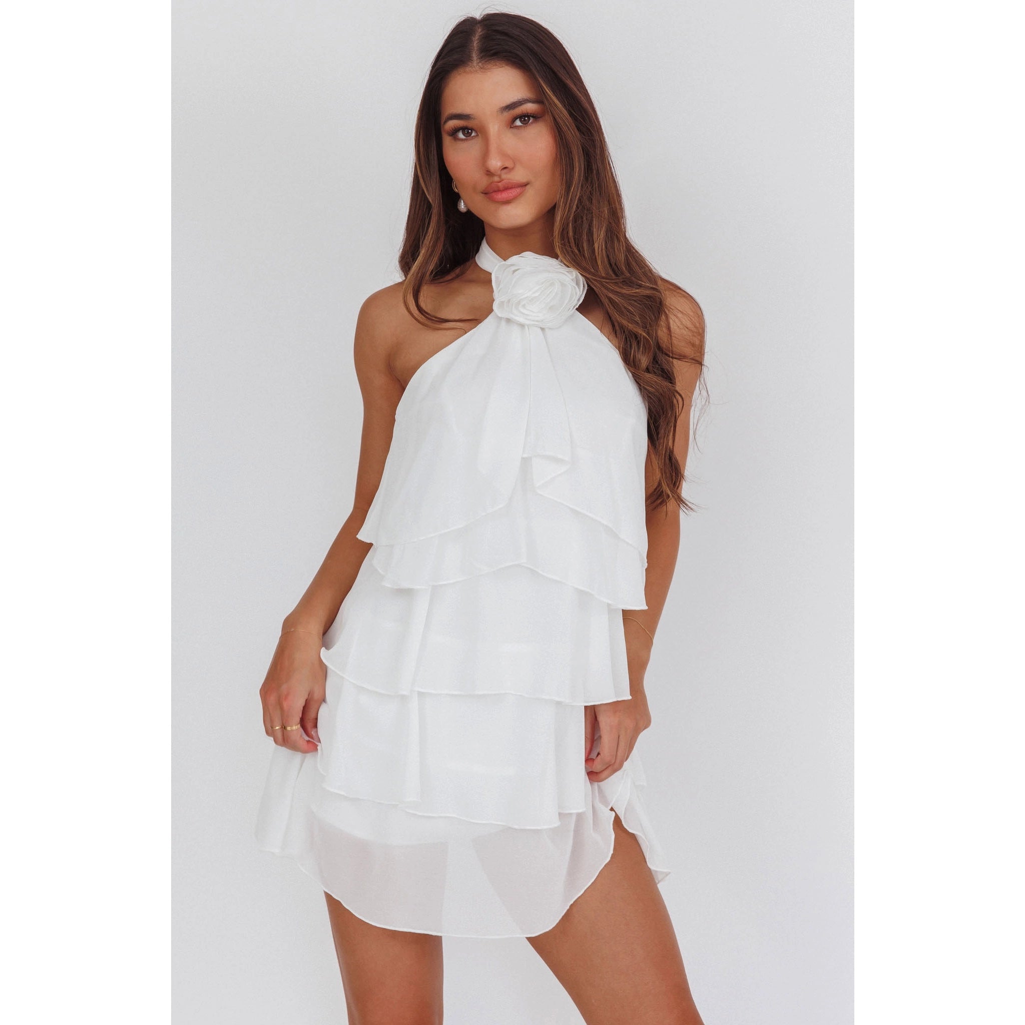 White Rosette Ruffle Mini Dress