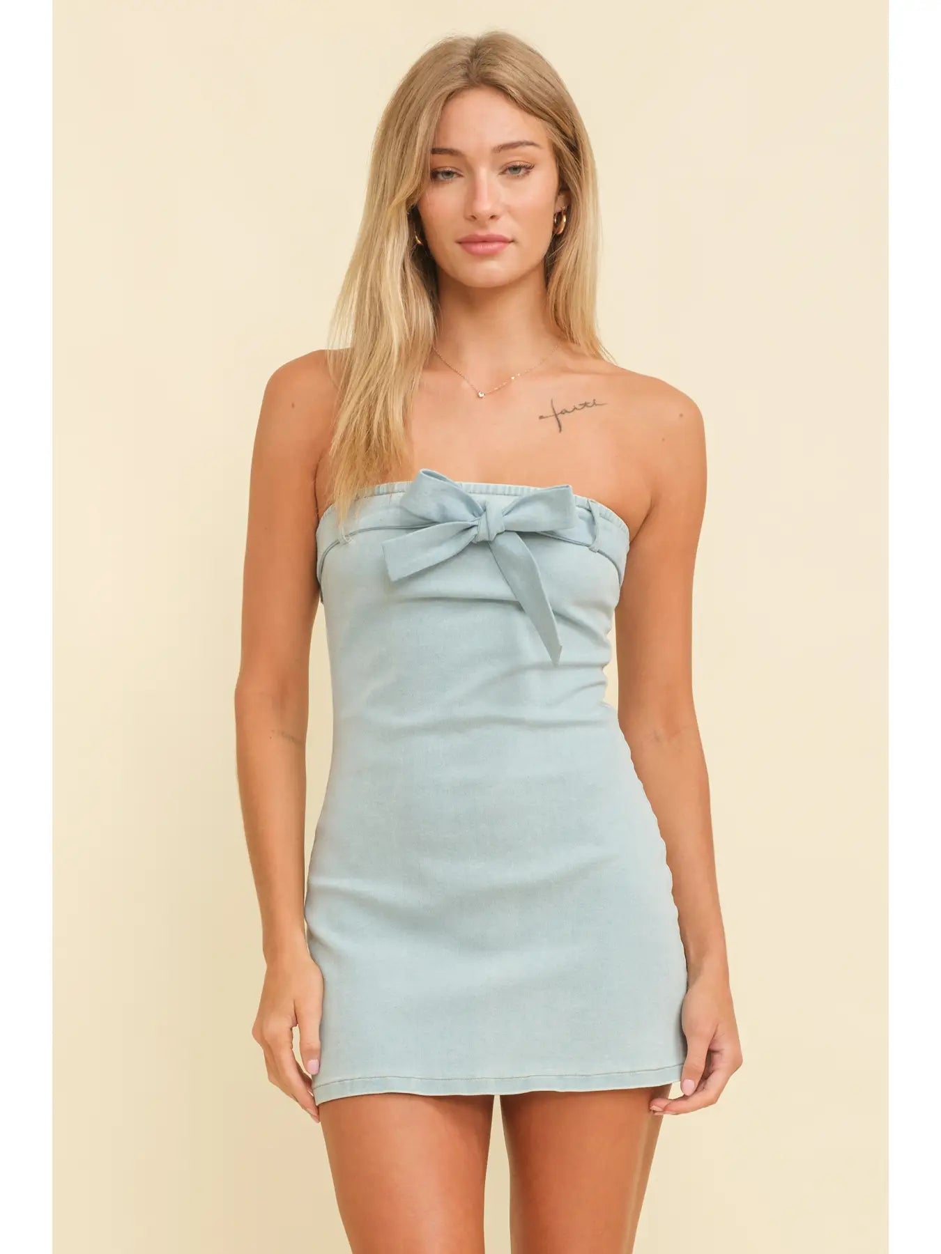 Denim Strapless Bow Mini Dress